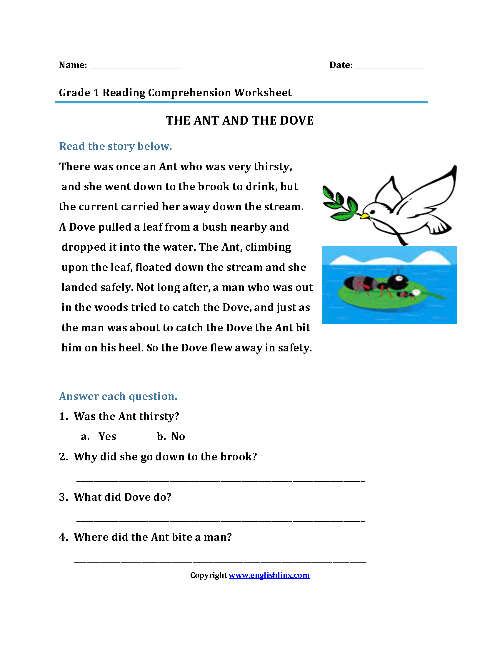 The Ant and Dove First Grade Reading Worksheets