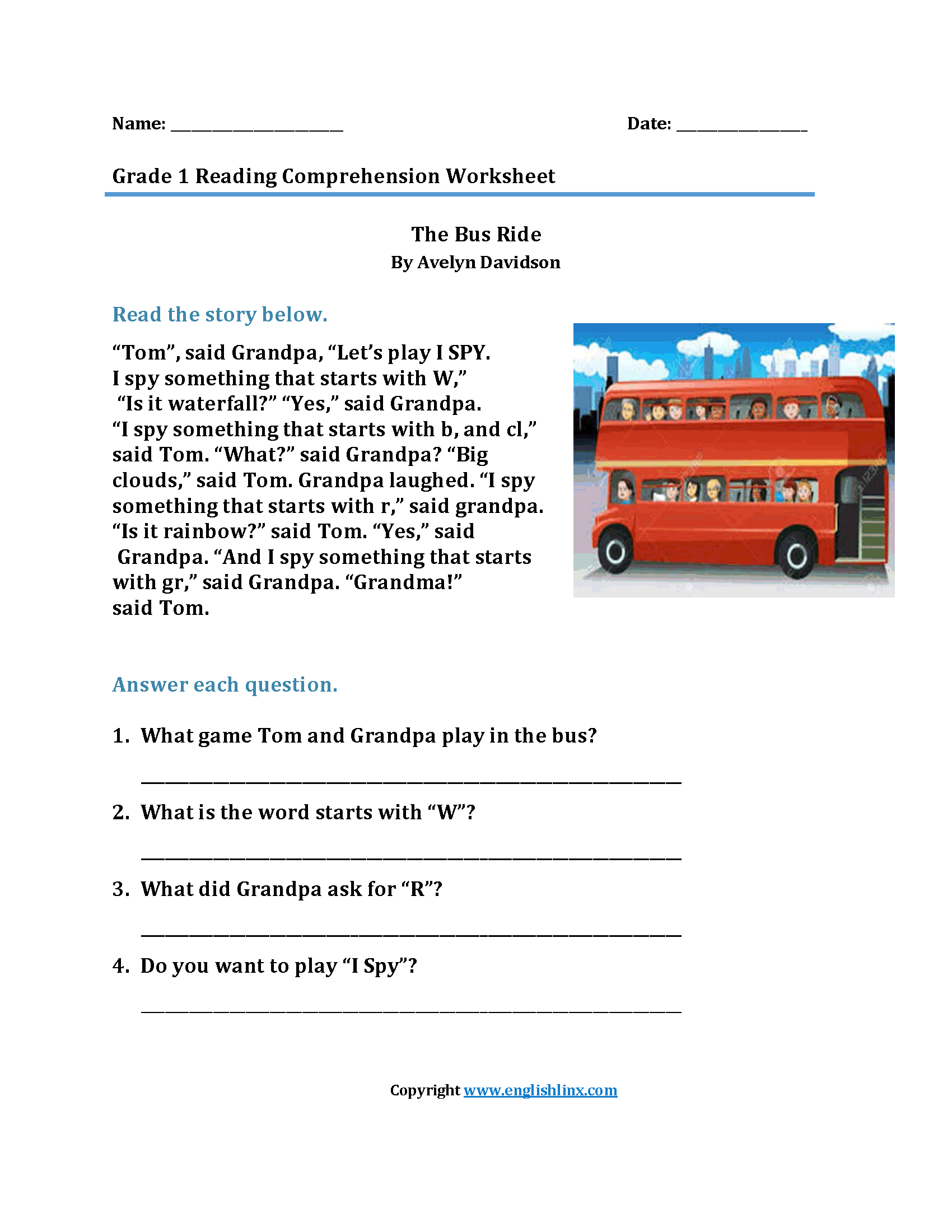 Bus Ride First Grade Reading Worksheets