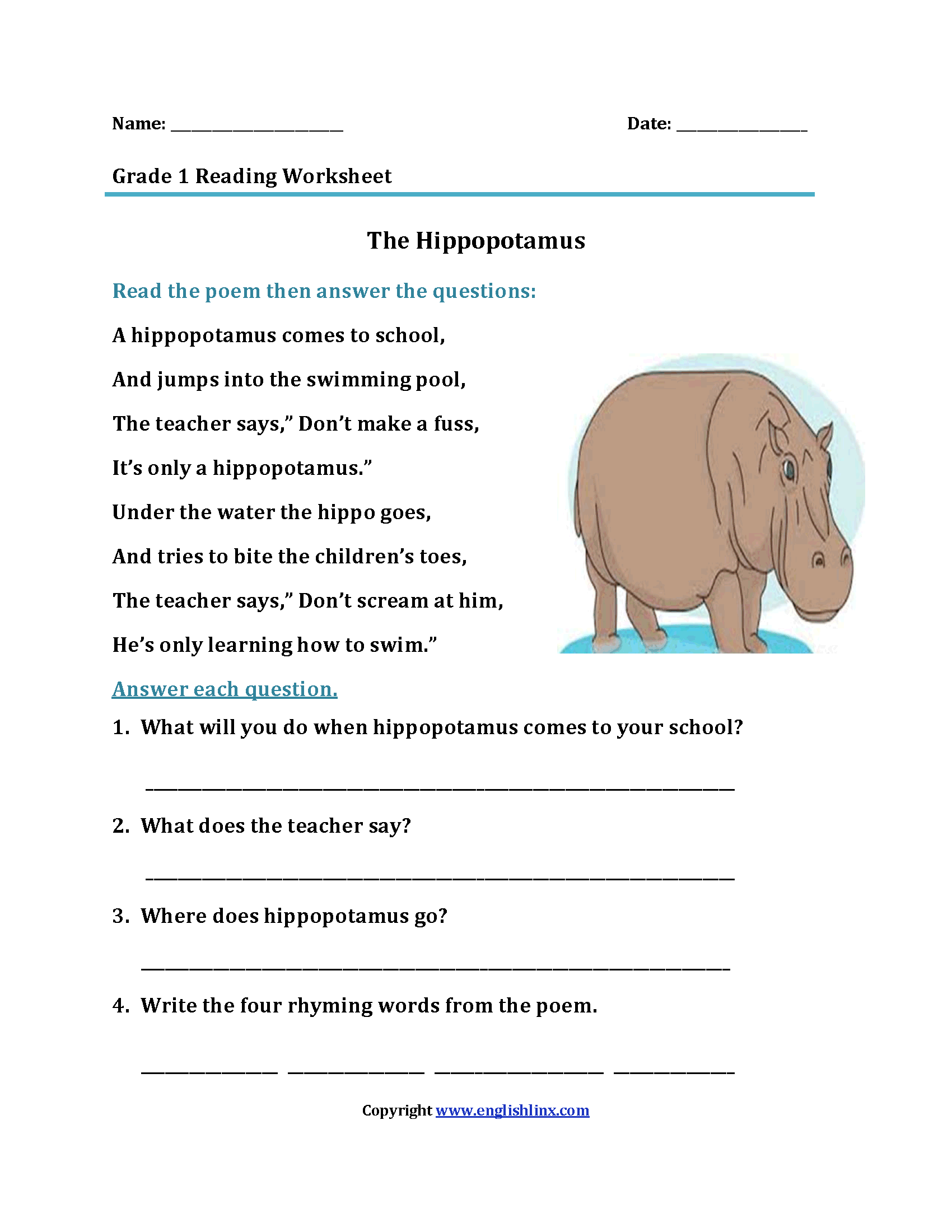 The Hippopotamus First Grade Reading Worksheets