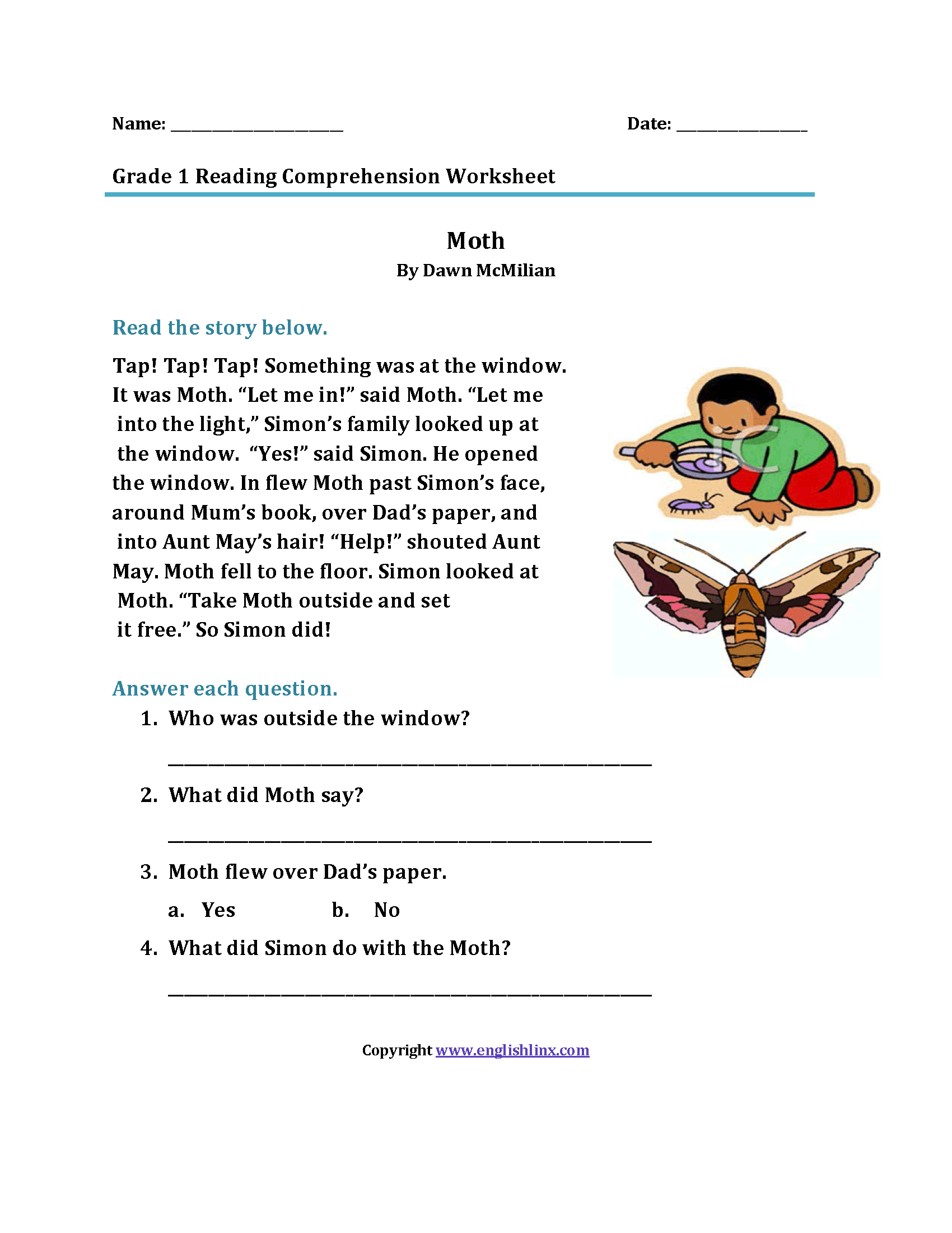 The Moth First Grade Reading Worksheets
