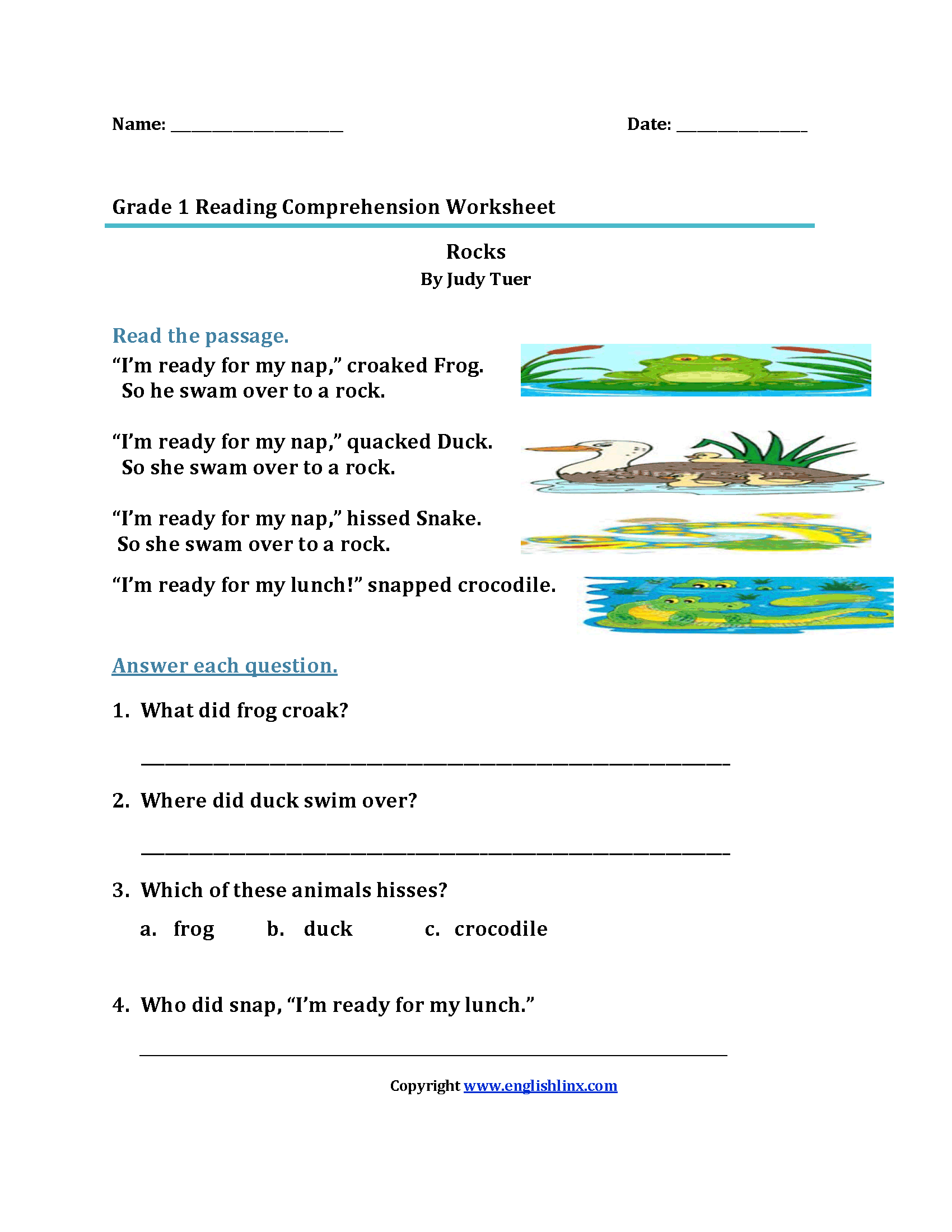 Rocks First Grade Reading Worksheets
