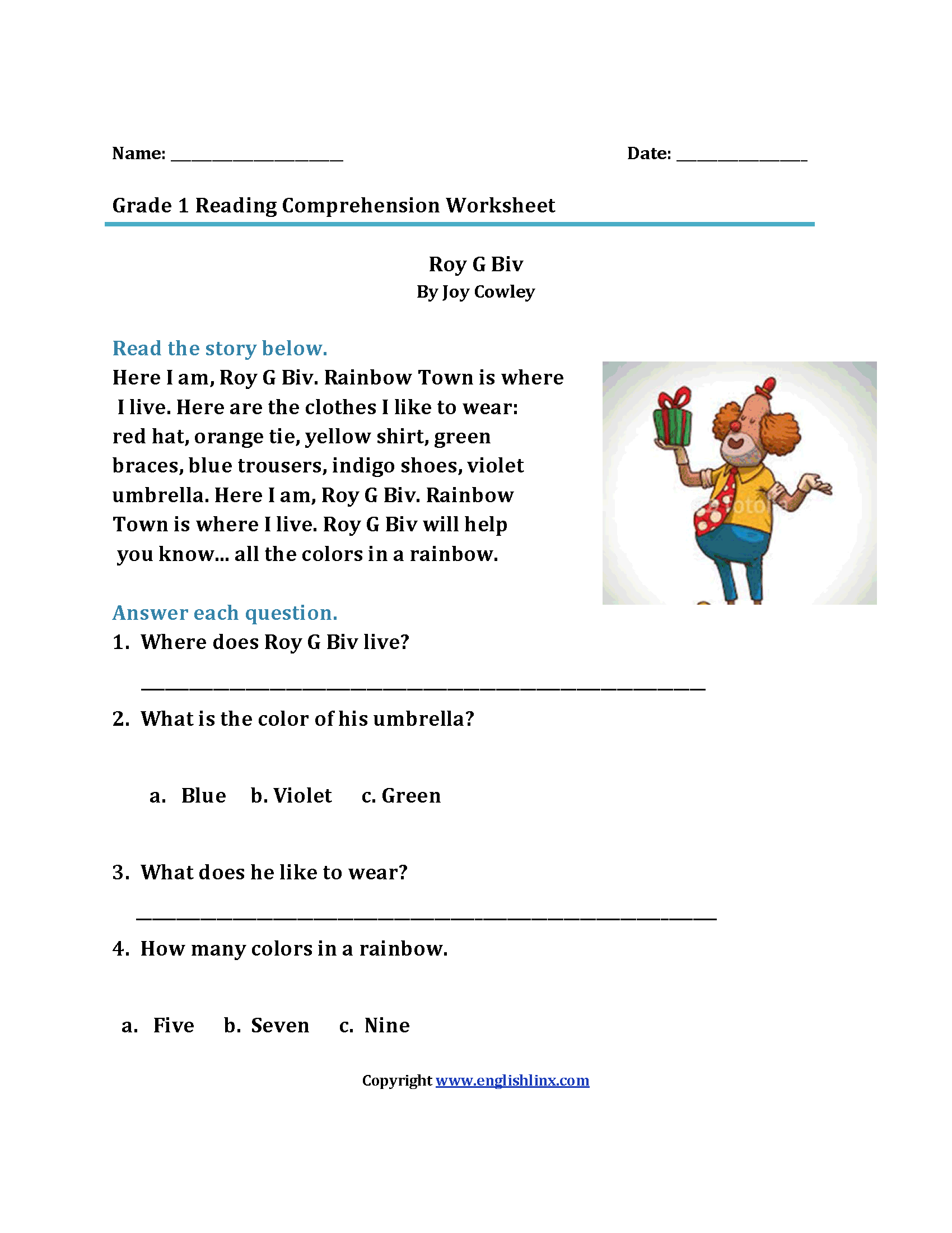 Roy G. Biv First Grade Reading Worksheets
