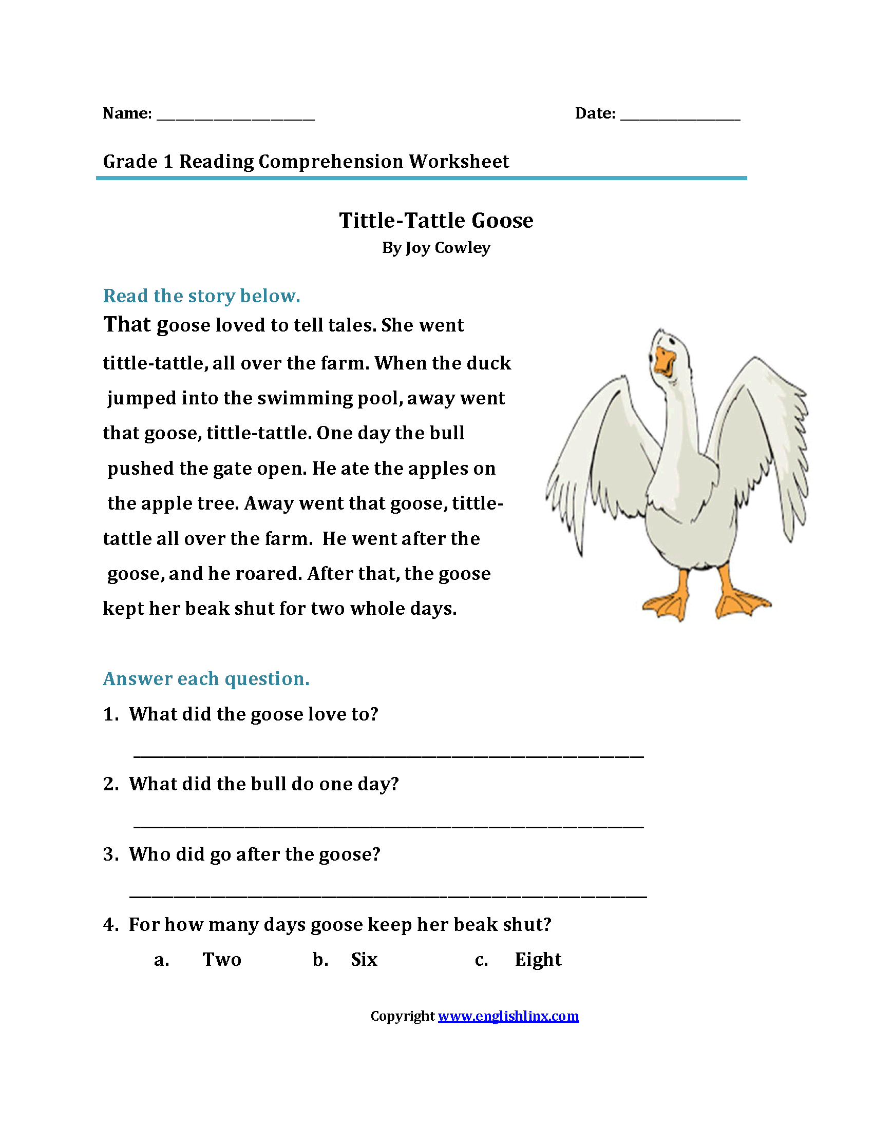 Tittle Tattle Goose First Grade Reading Worksheets