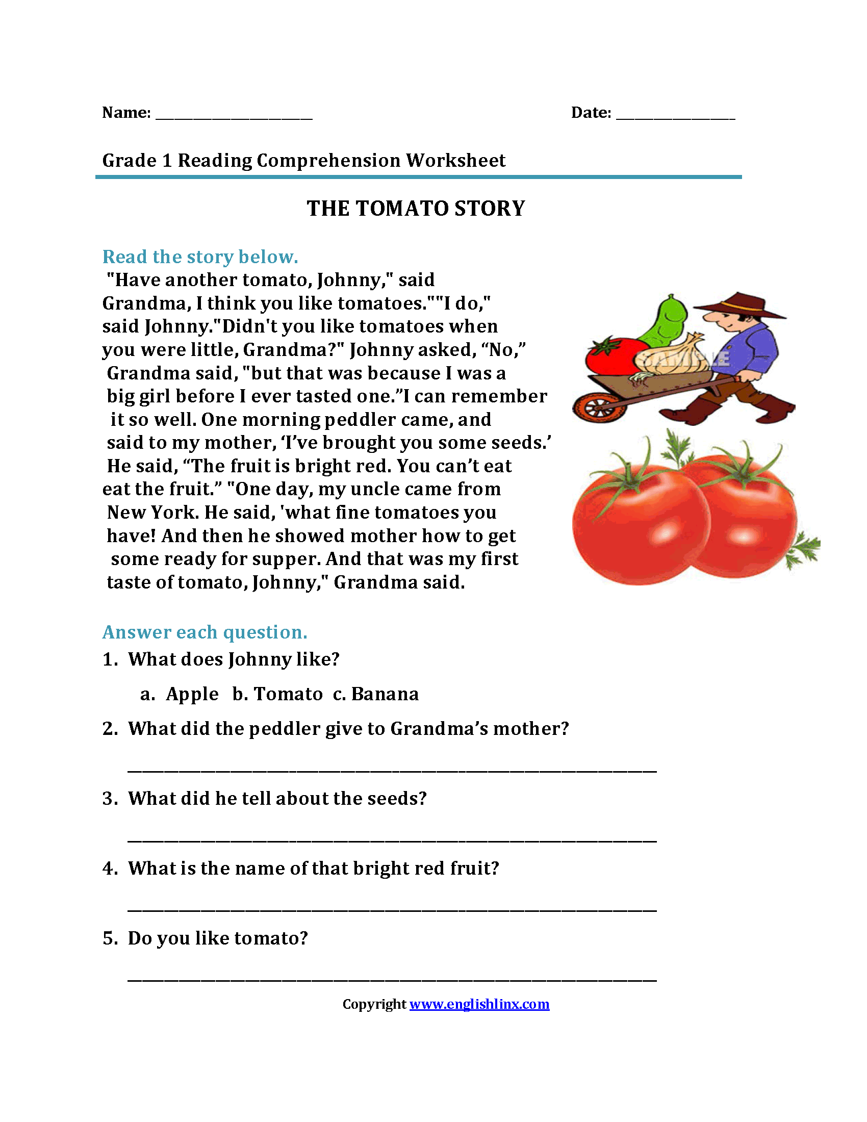 Tomato Story First Grade Reading Worksheets
