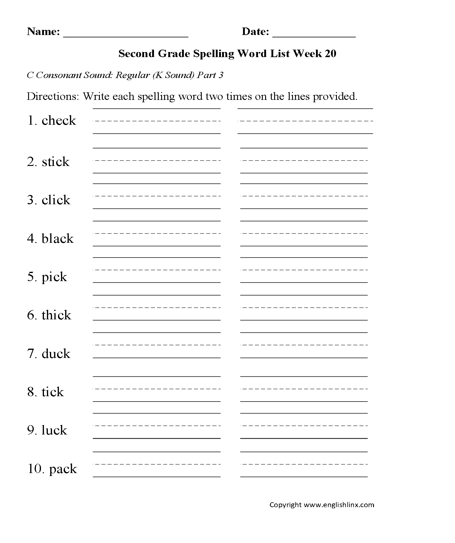 Worksheet Final Consonant Worksheets spelling worksheets second grade words week 20 c consonant k sound 3 final worksheets