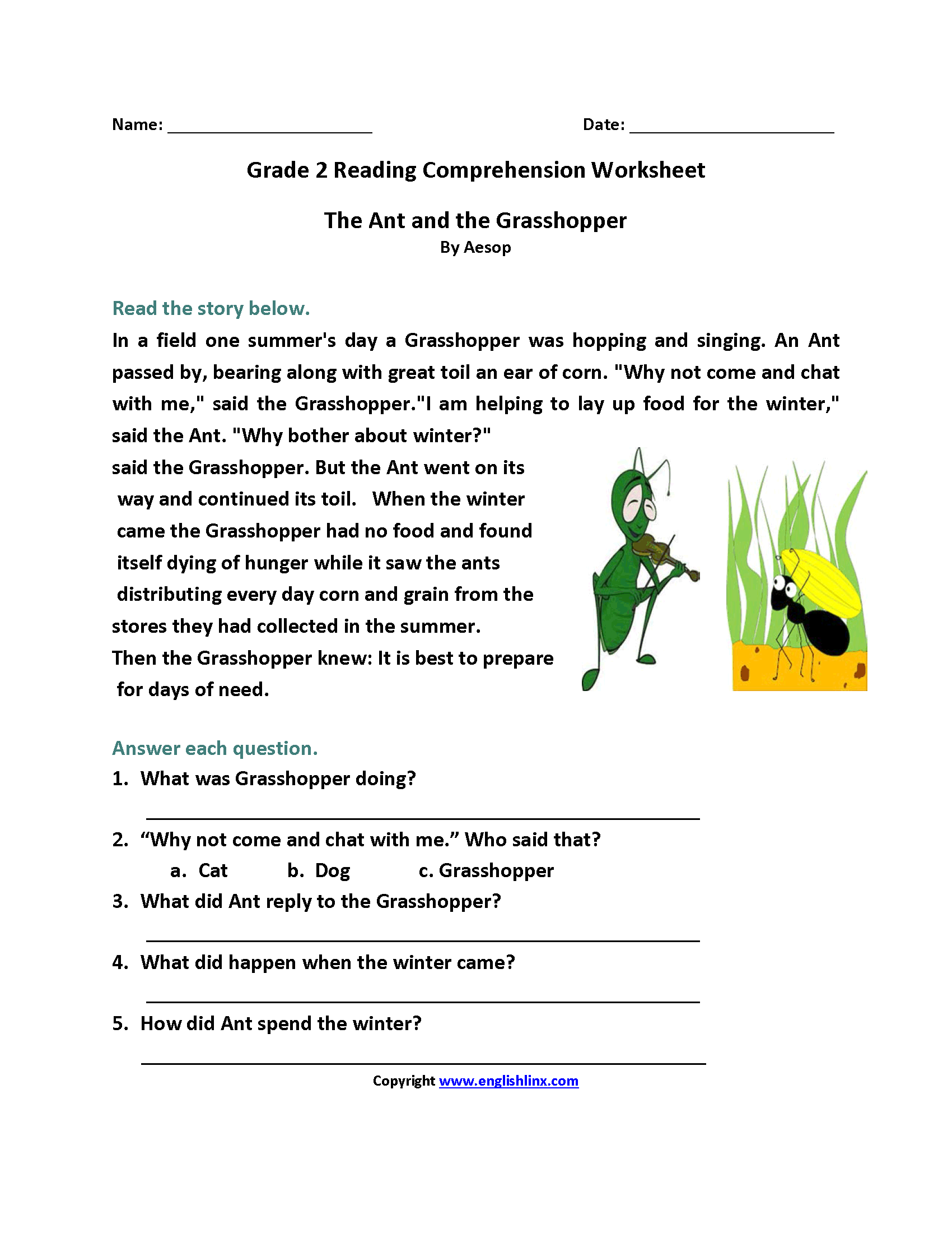 Ant and Grasshopper Second Grade Reading Worksheets