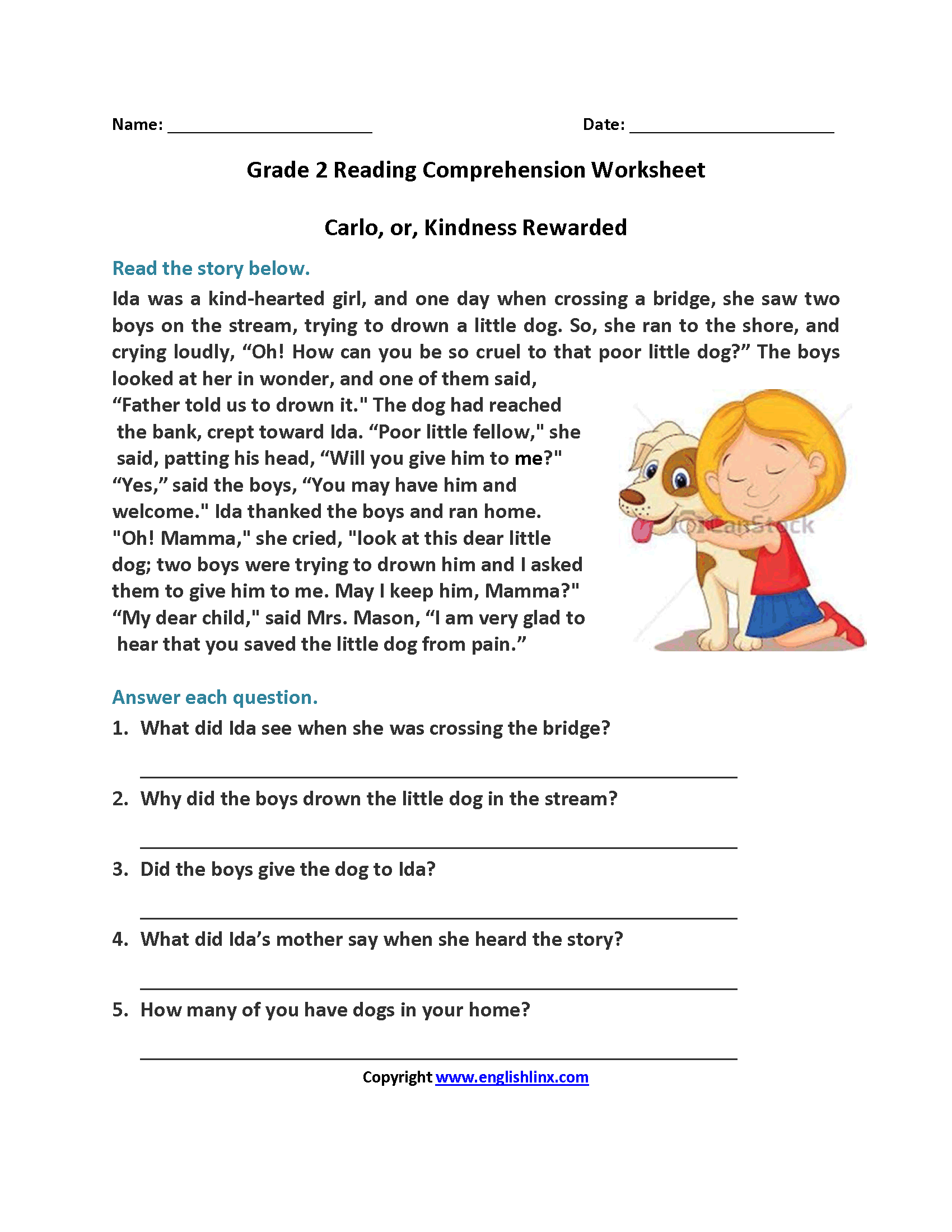 Carlo or Kindness Rewarded Second Grade Reading Worksheets