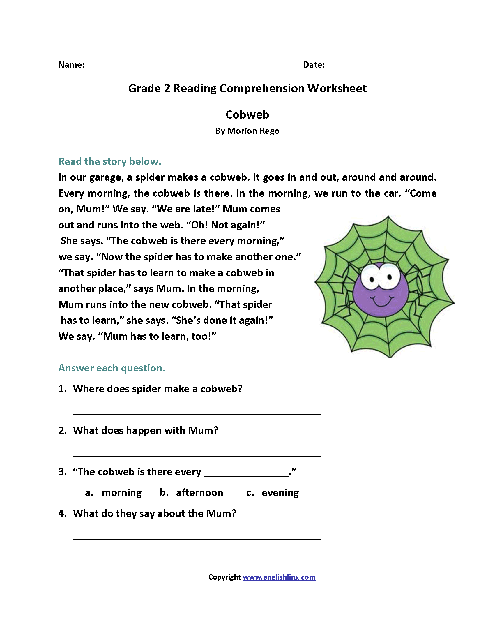 Cobweb Second Grade Reading Worksheets