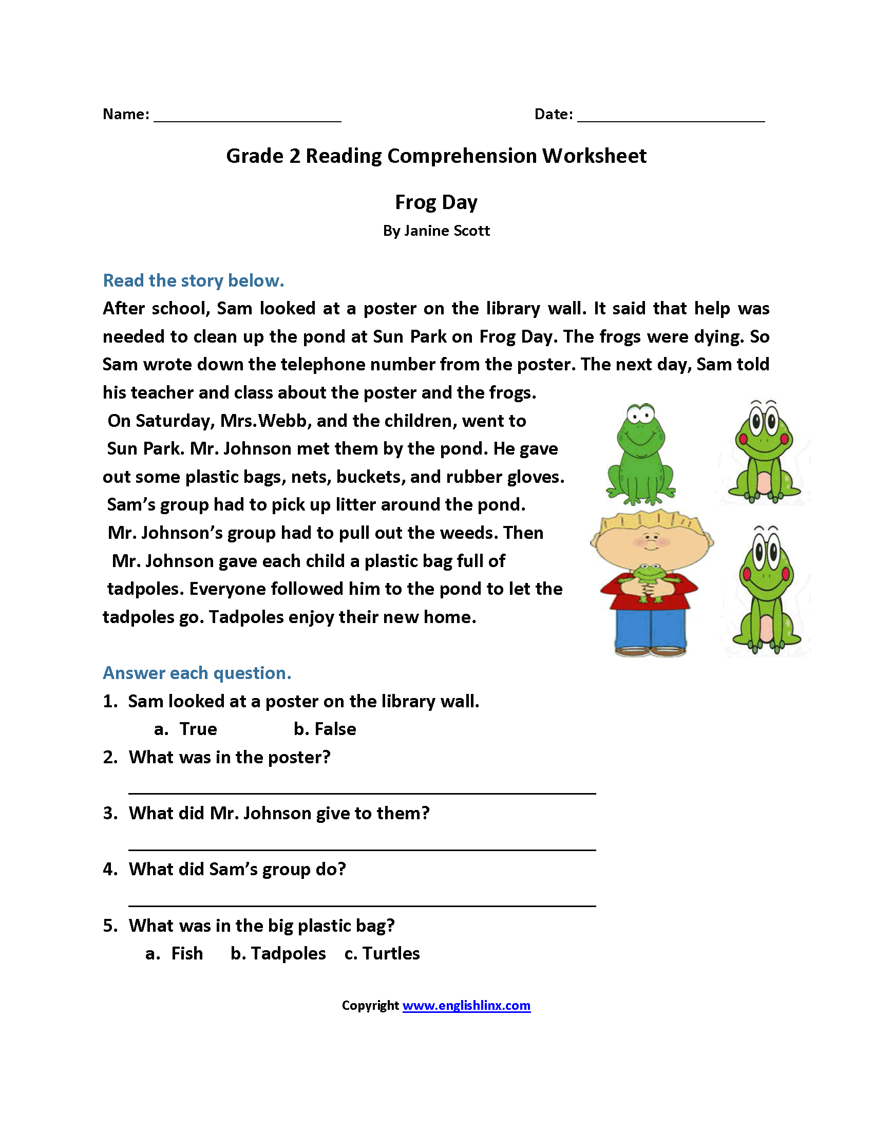 Frog Day Second Grade Reading Worksheets