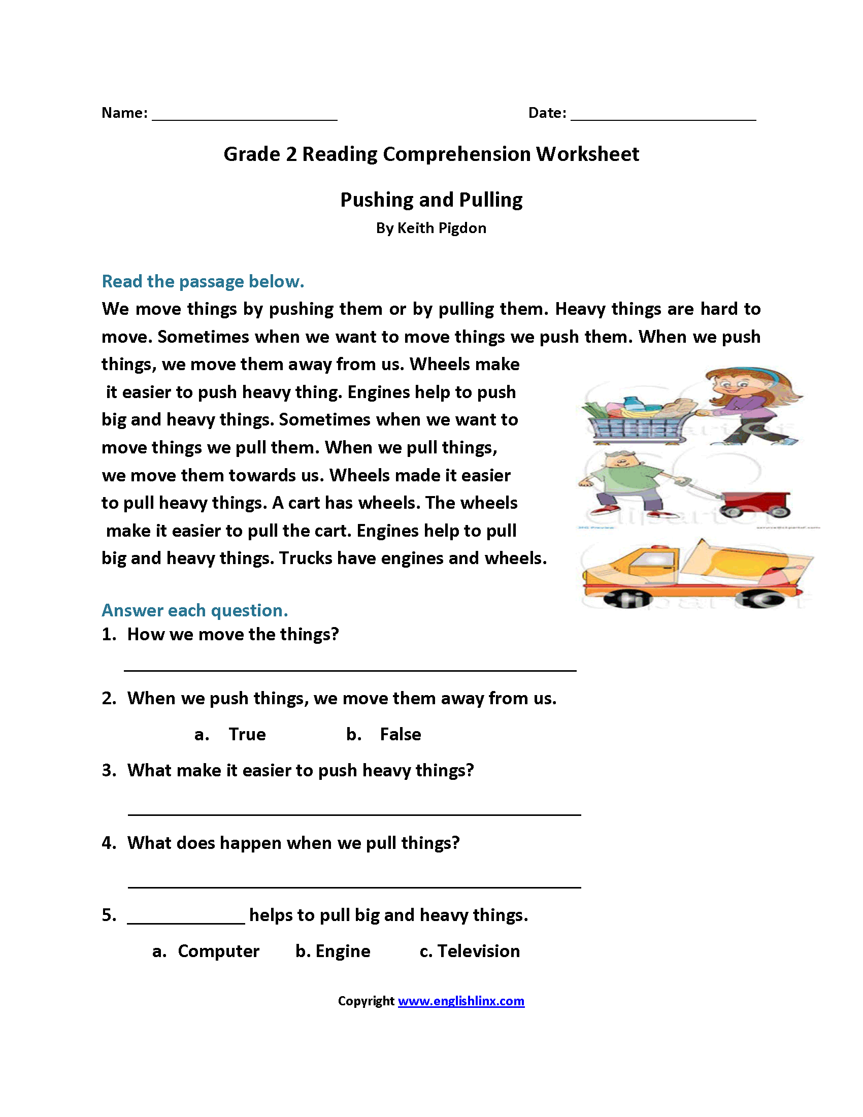 Pushing and Pulling Second Grade Reading Worksheets