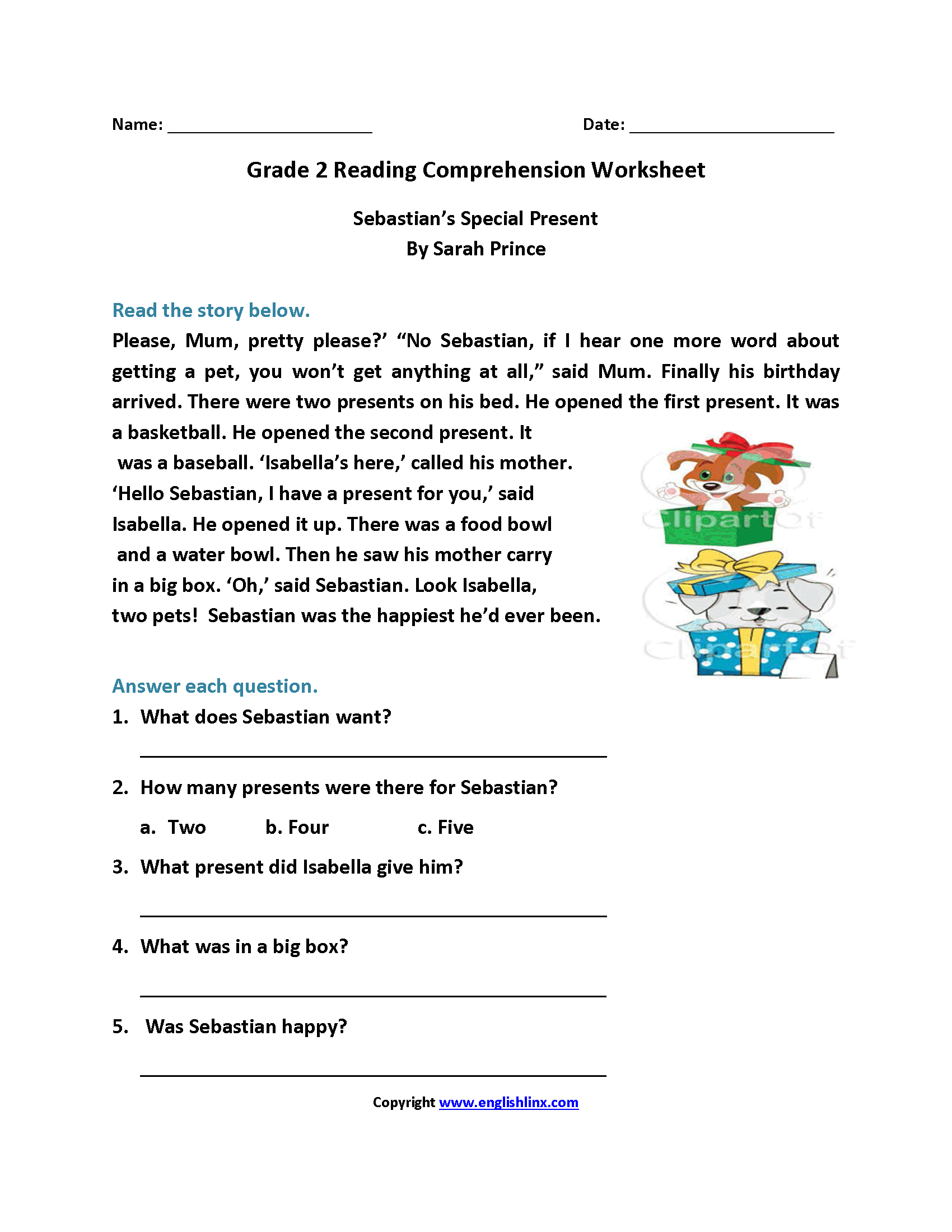 Sebastian's Special Present Second Grade Reading Worksheets