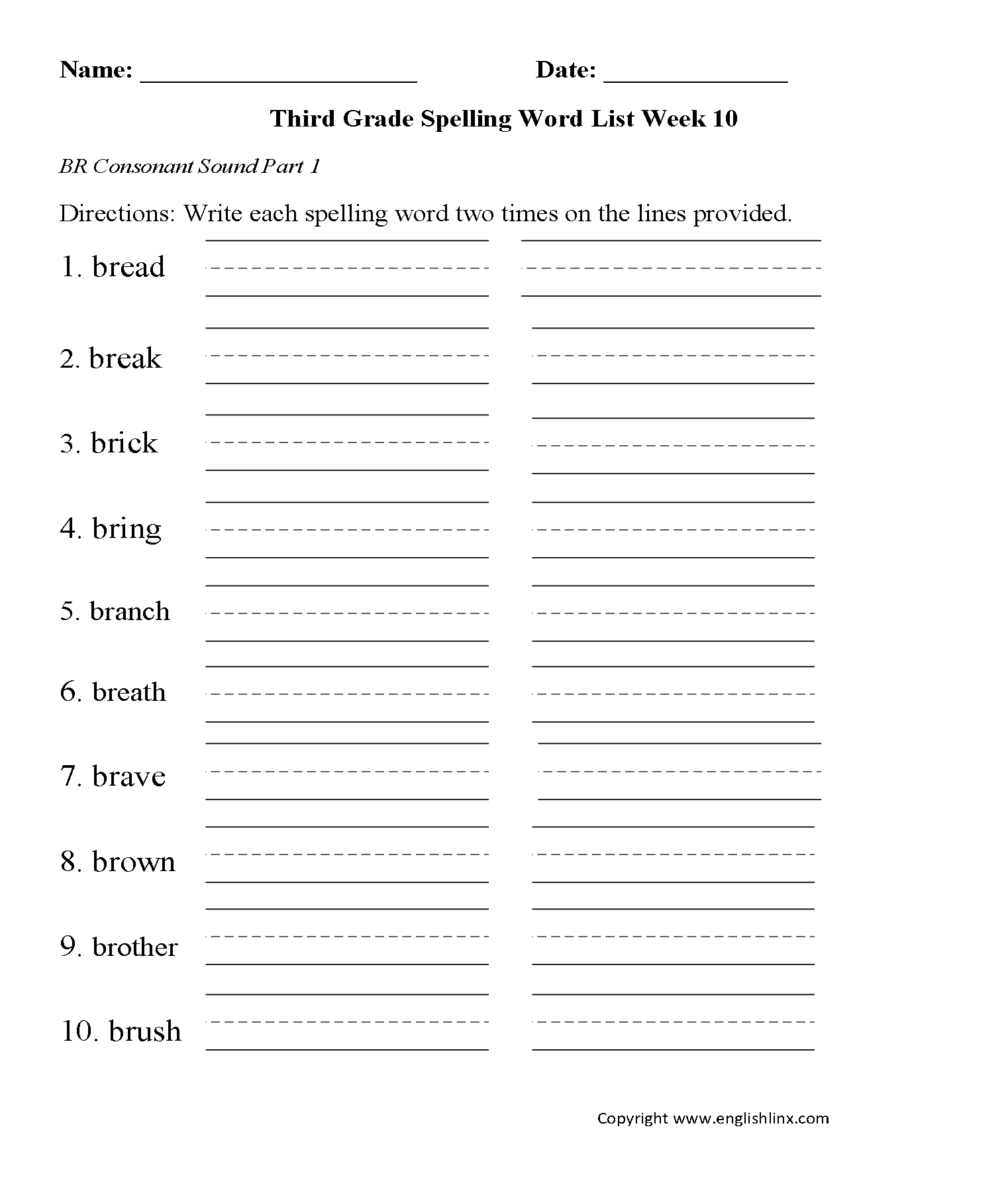 Week 10 BR Consonant Part 1 Third Grade Spelling Words Worksheets