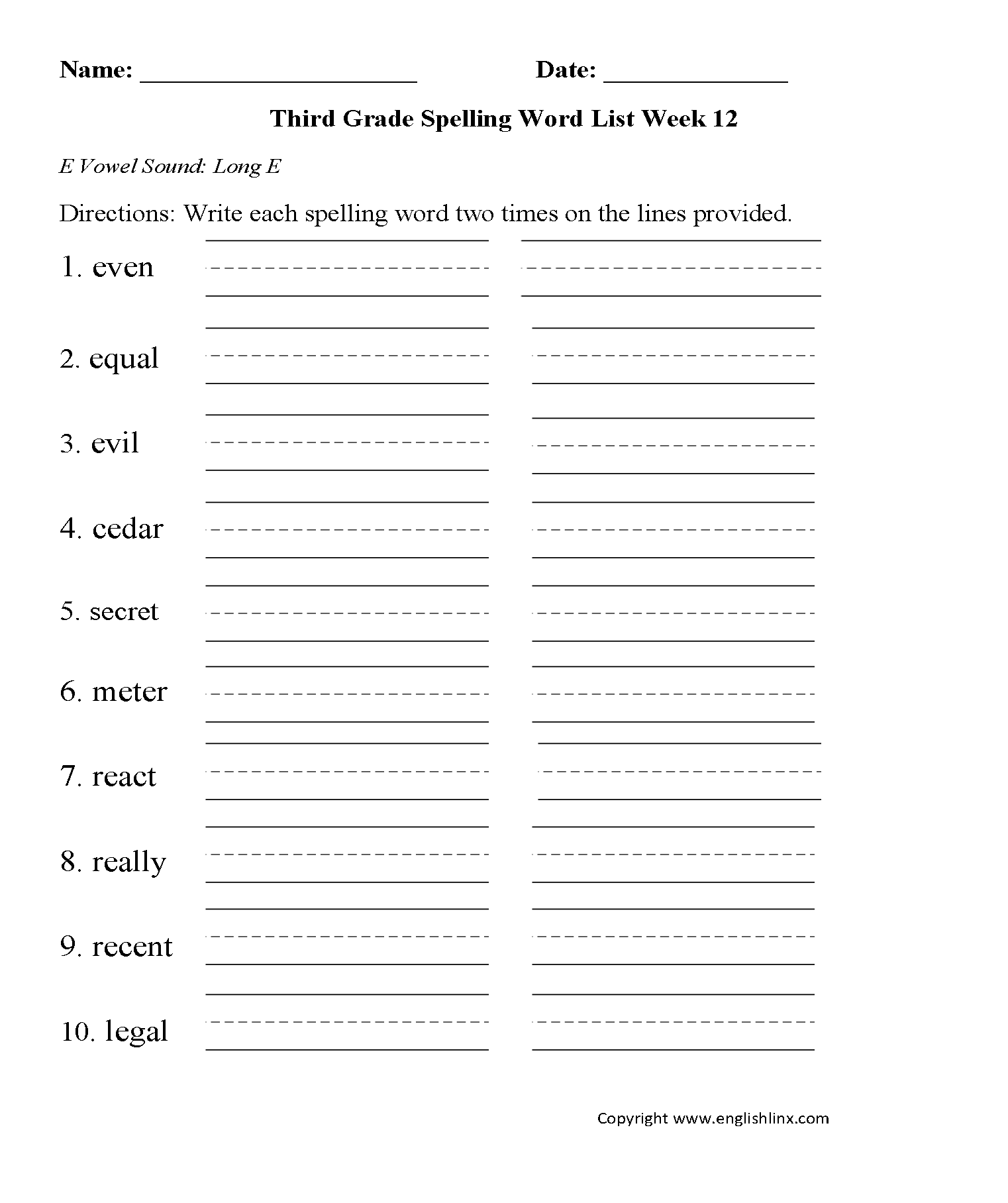 Week 12 Long E Vowel Third Grade Spelling Words Worksheets