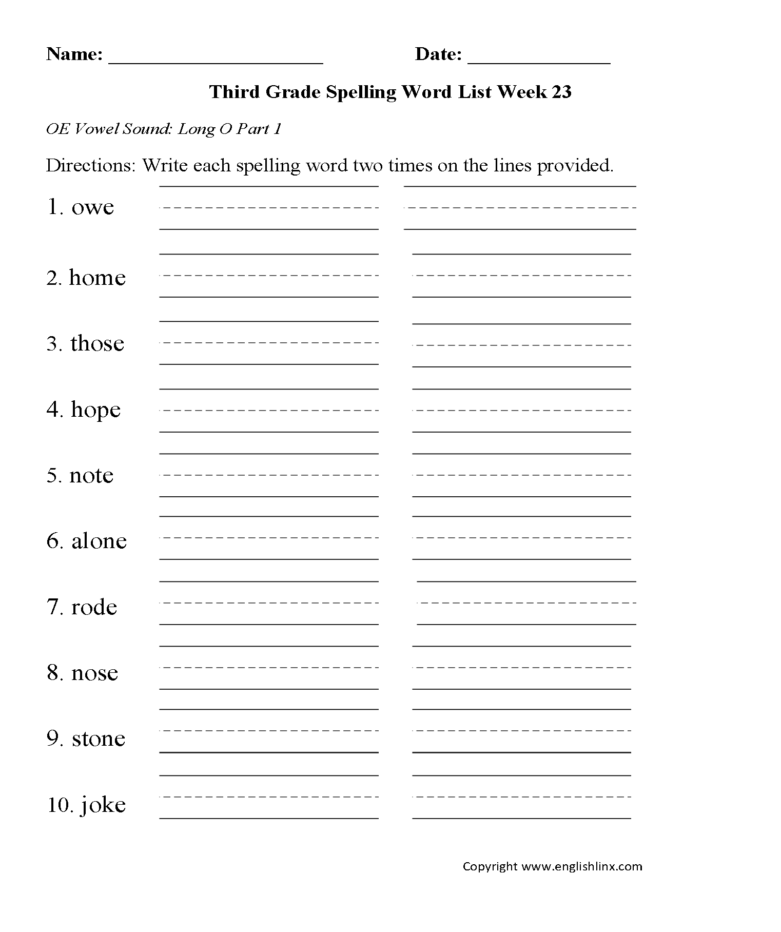 Spelling Worksheets | Third Grade Spelling Words Worksheets