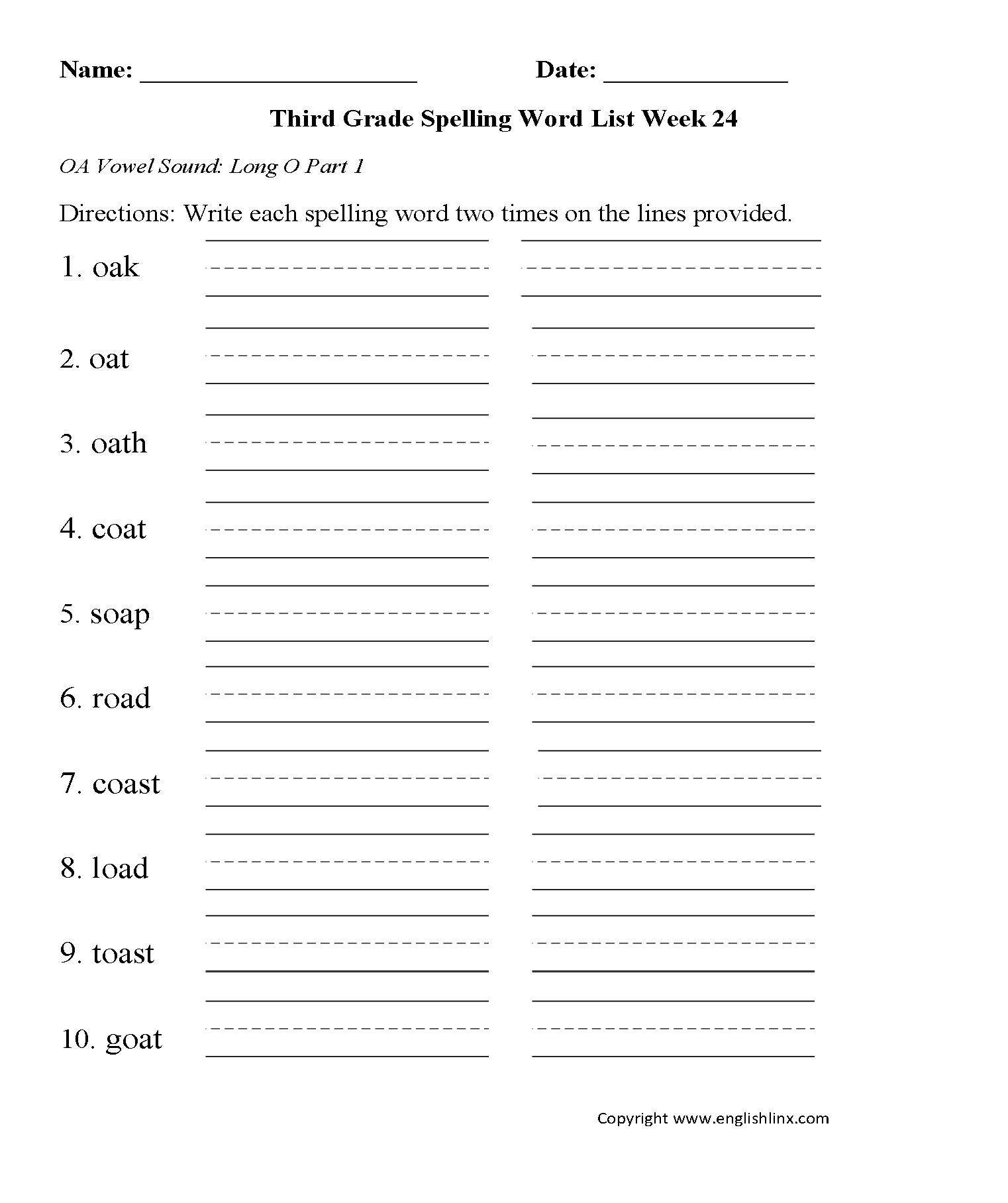 Week 24 Long OA Vowel Part 1 Third Grade Spelling Words Worksheets
