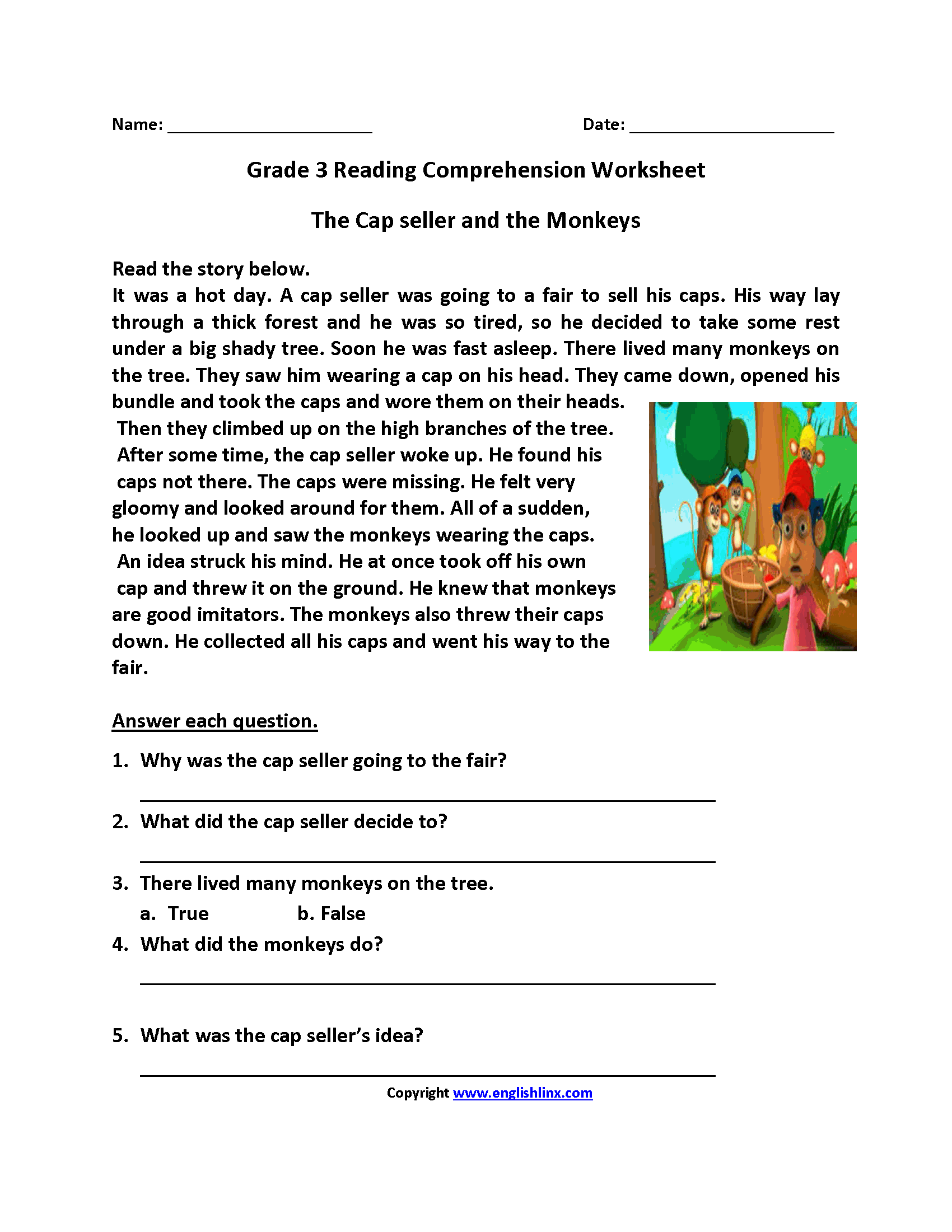 Cap Seller and Monkeys Third Grade Reading Worksheets