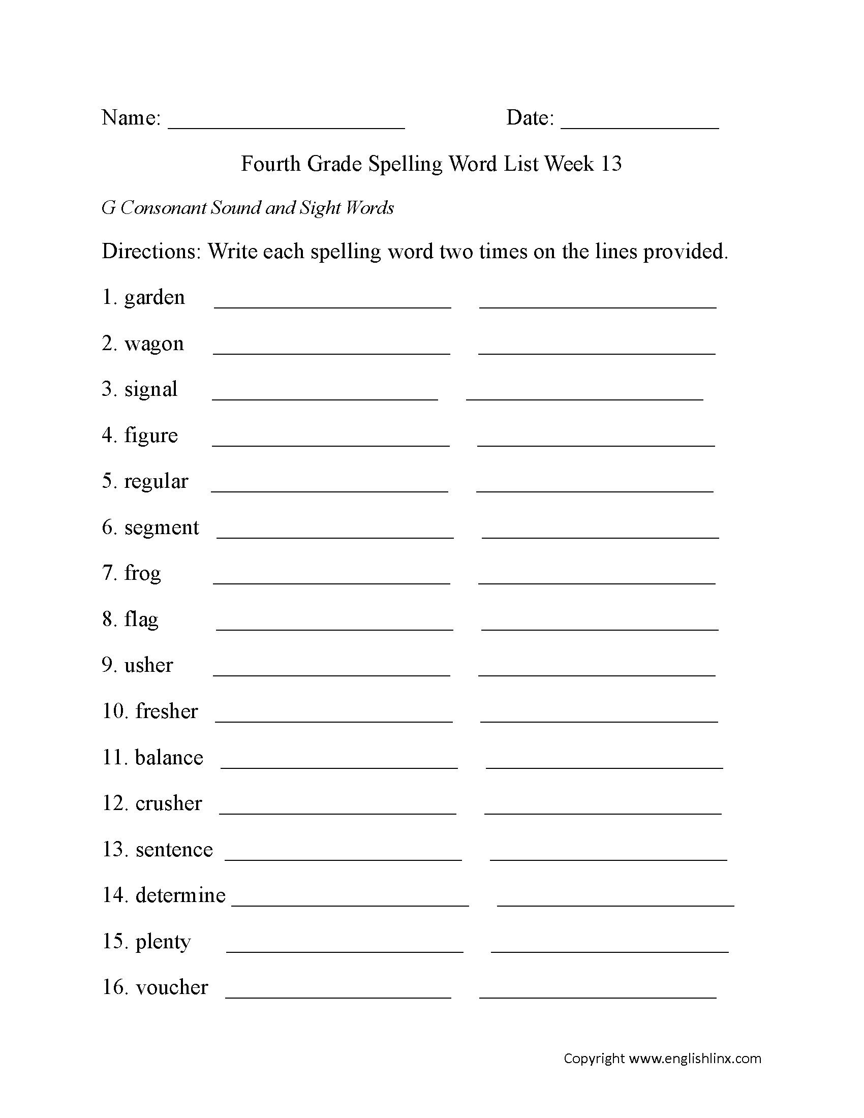 Week 13 G Consonant and Sight Words Fourth Grade Spelling Words Worksheets