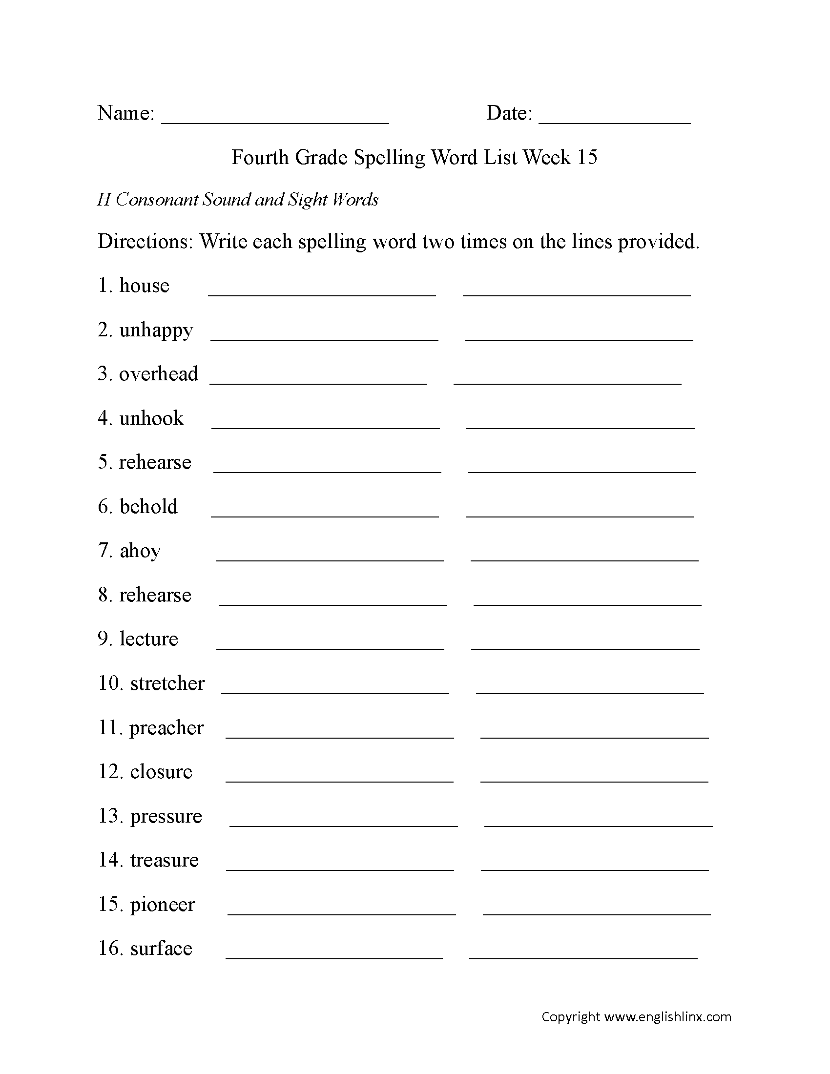 Week 15 H Consonant and Sight Words Fourth Grade Spelling Words Worksheets