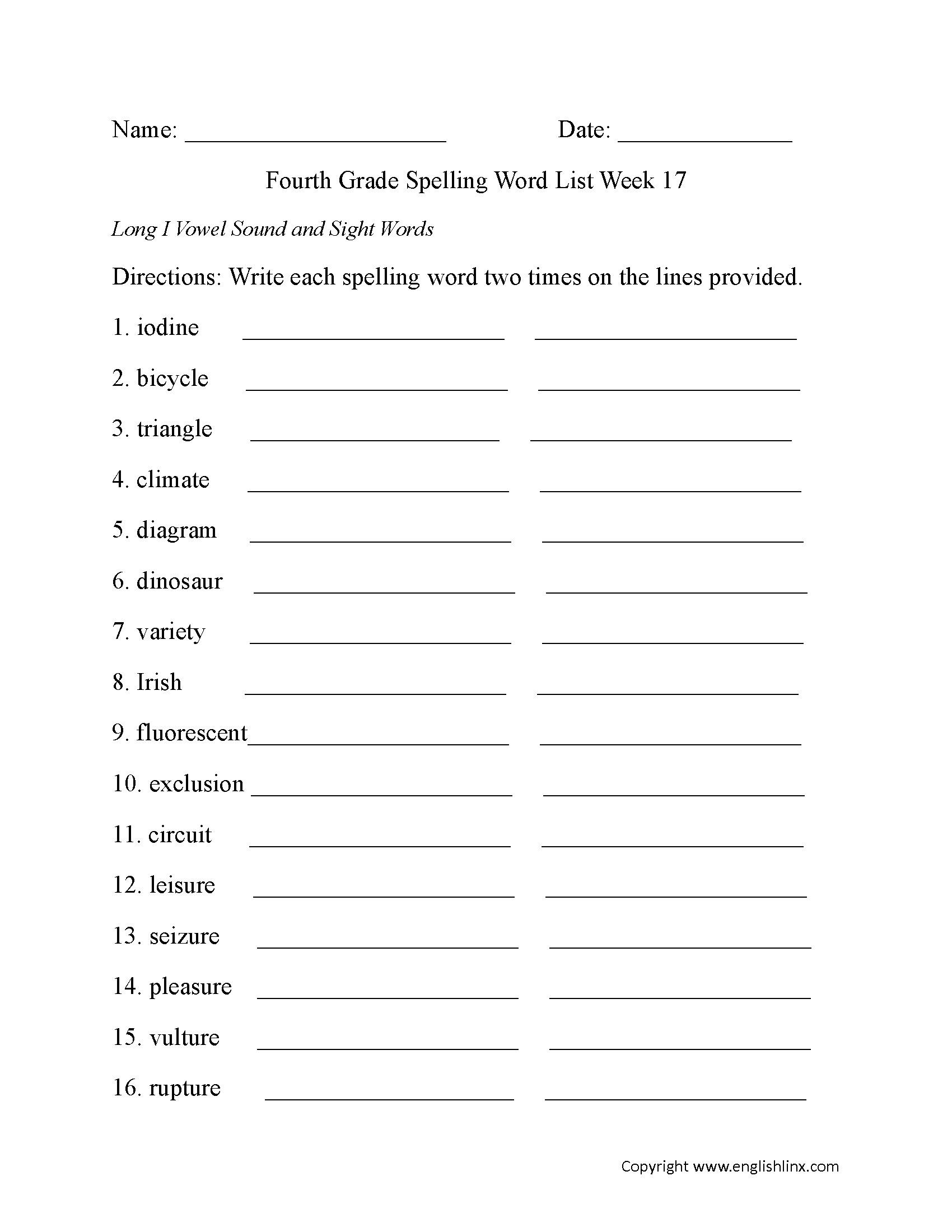 Week 17 Long I Vowel and Sight Words Fourth Grade Spelling Words Worksheets