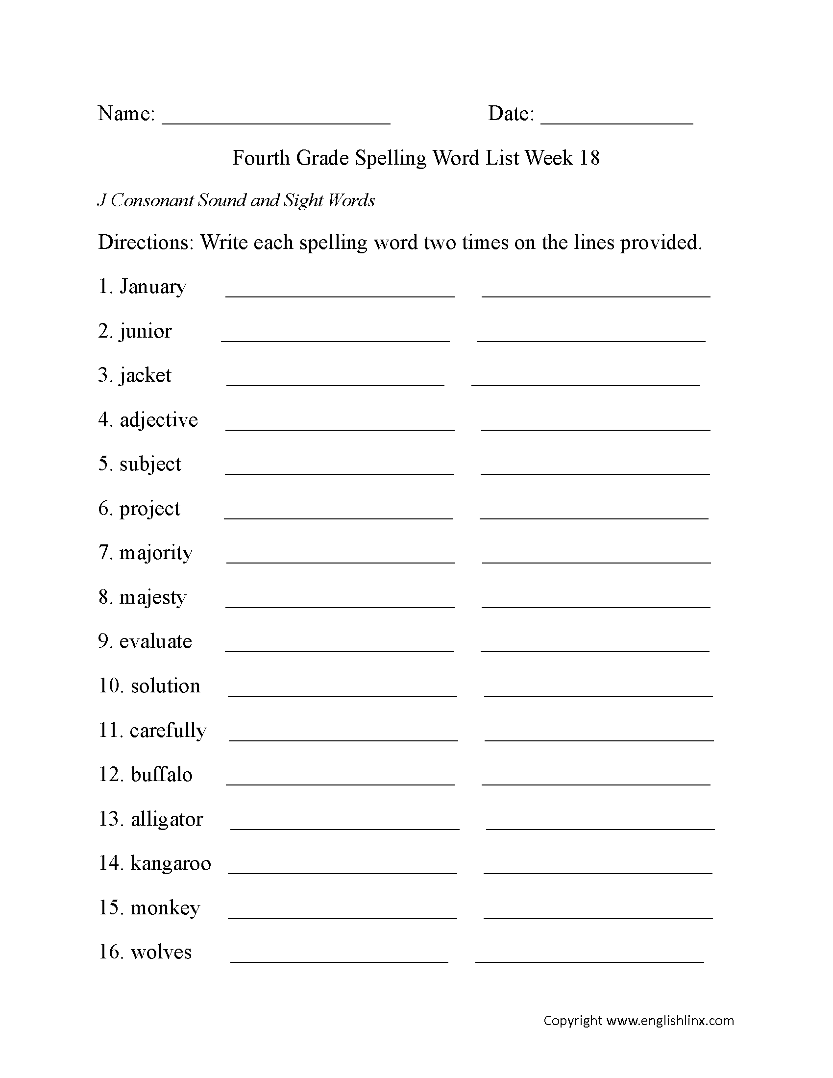 Week 18 J Consonant and Sight Words Fourth Grade Spelling Words Worksheets