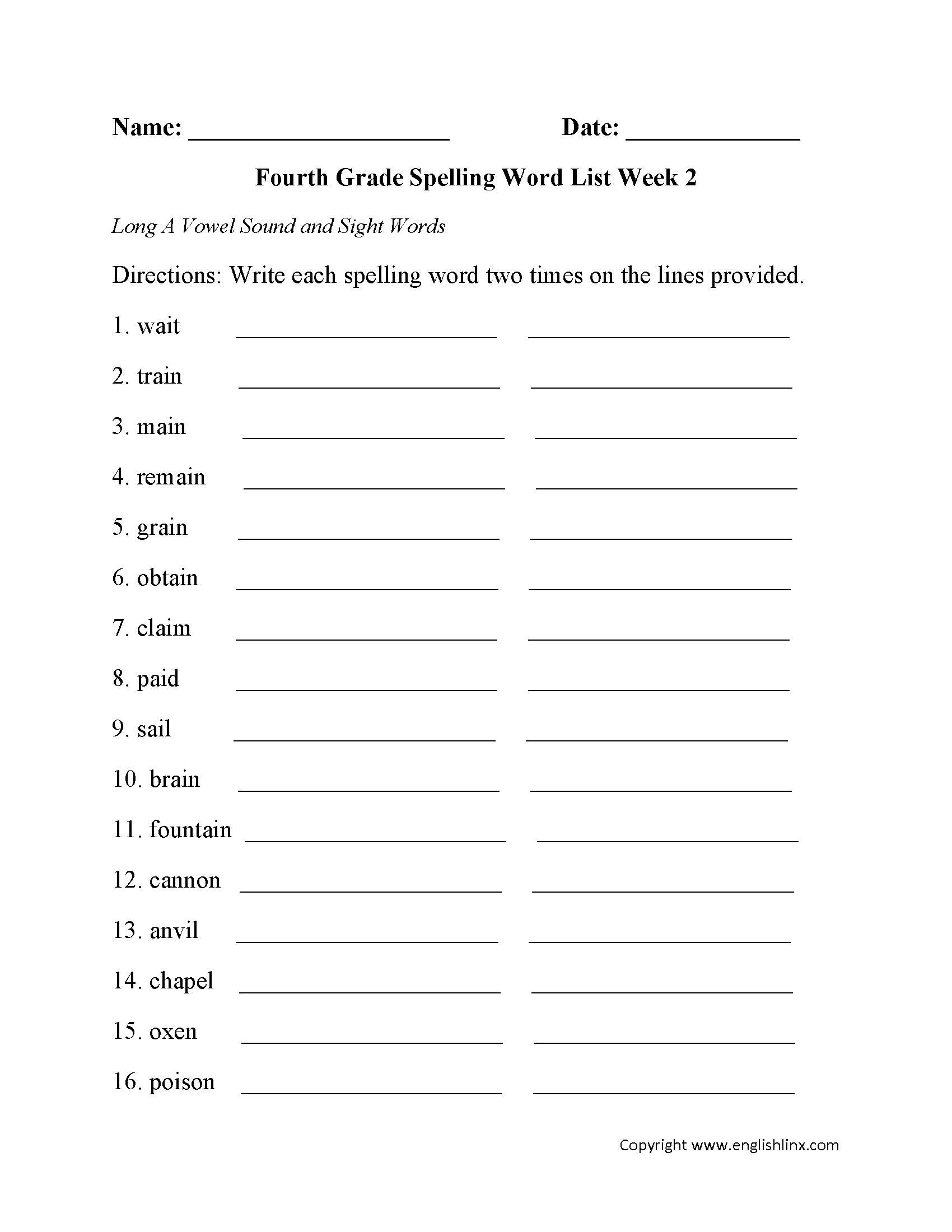 Week 2 Long A Vowel and Sight Words Fourth Grade Spelling Words Worksheets