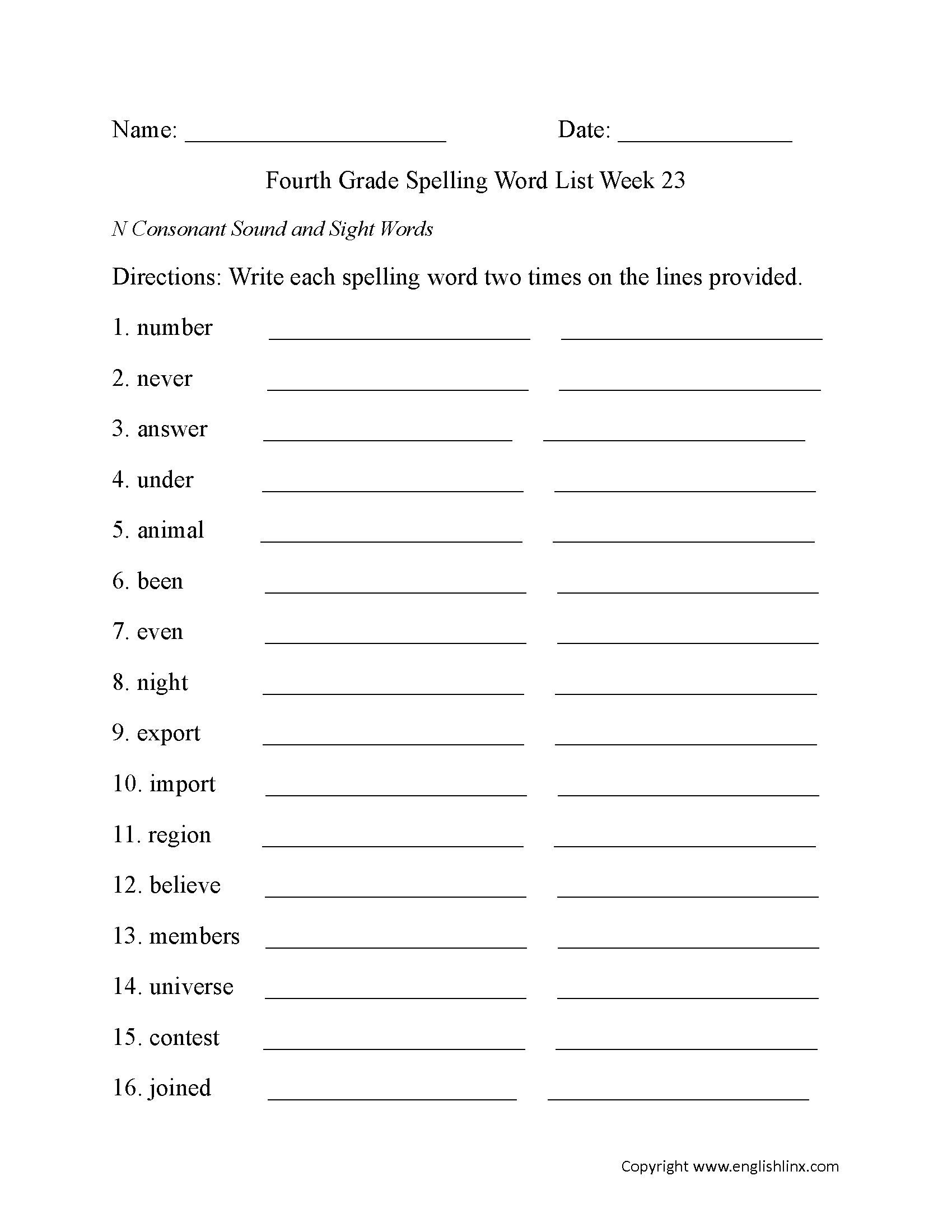 Week 23 N Consonant and Sight Words Fourth Grade Spelling Words Worksheets