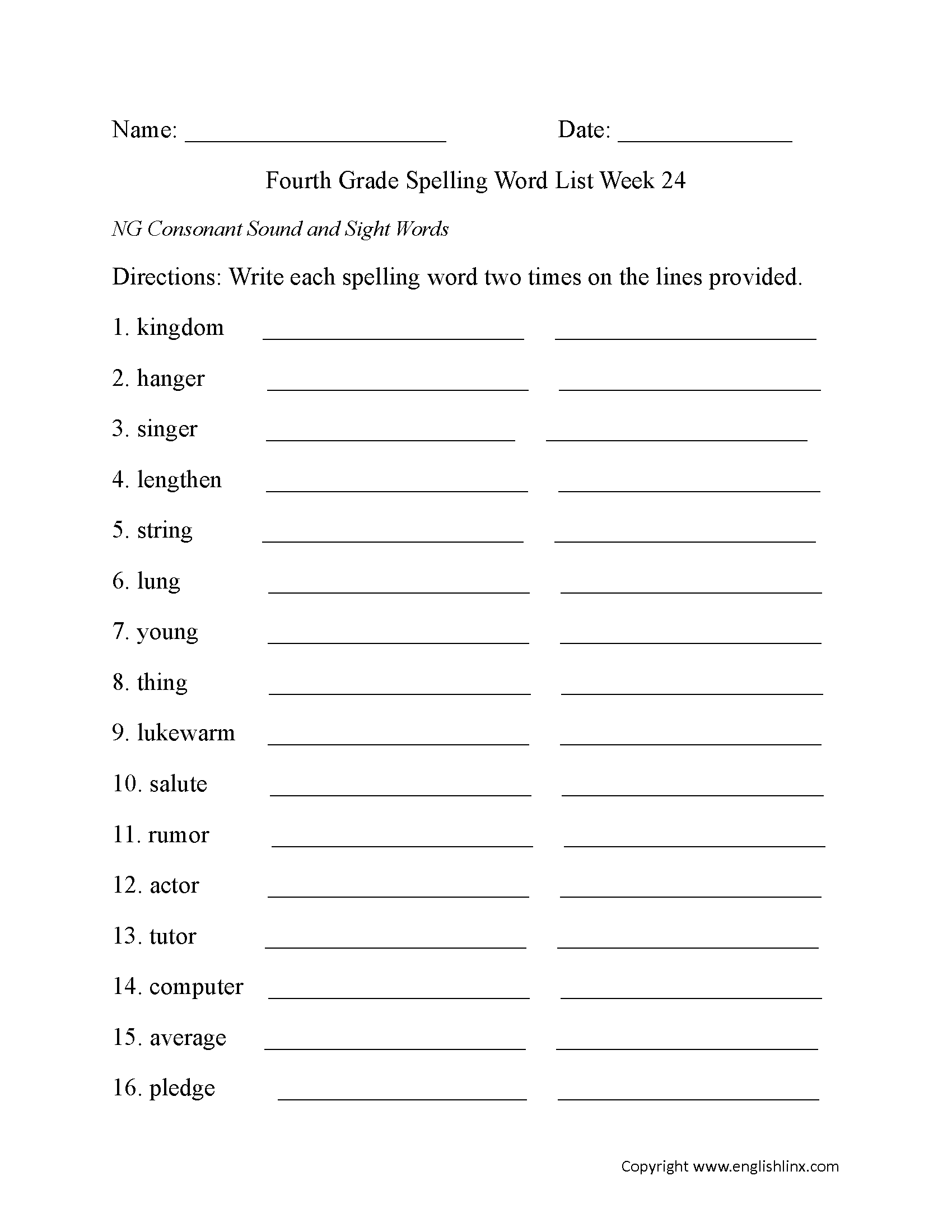 Week 24 NG Consonant and Sight Words Fourth Grade Spelling Words Worksheets