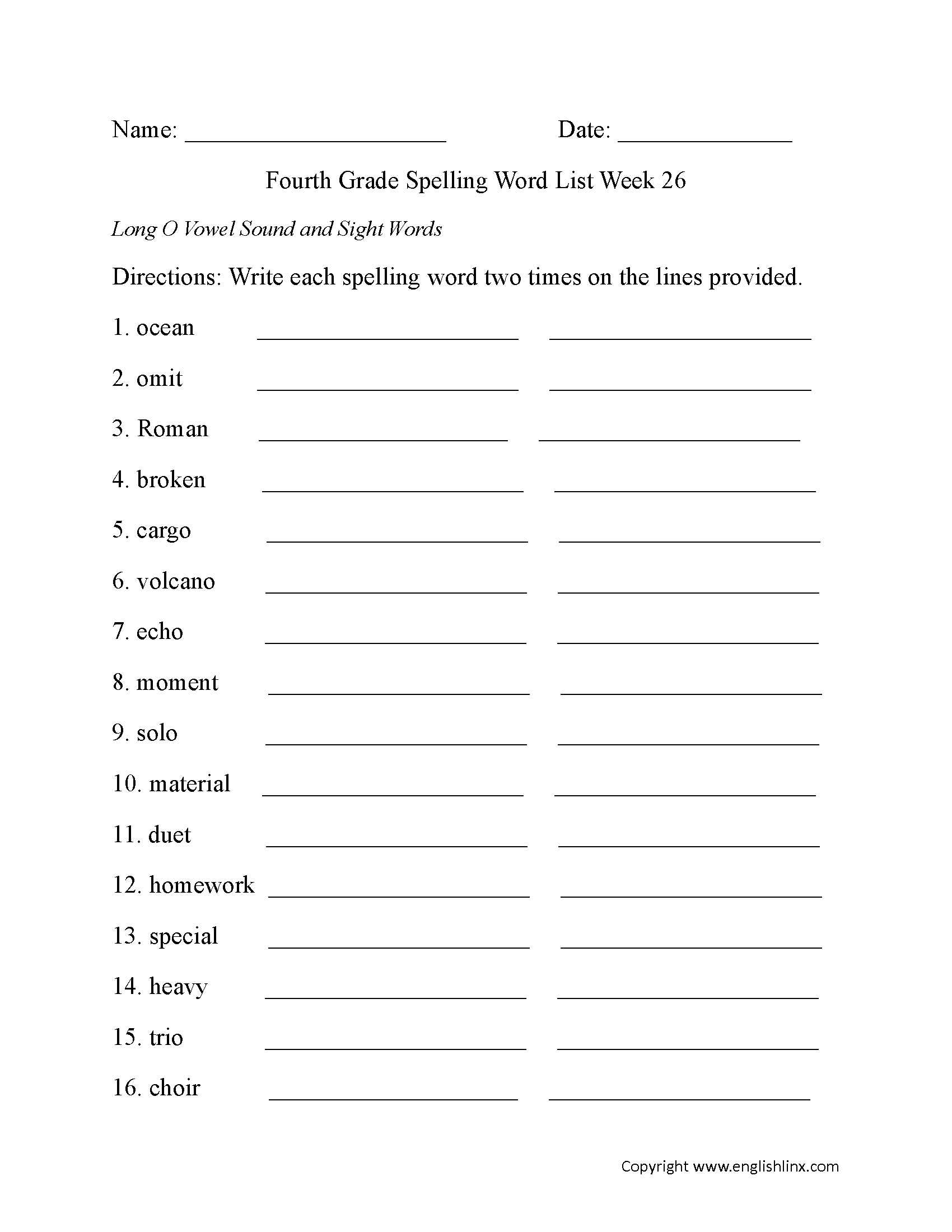 Week 26 Long O Vowel and Sight Words Fourth Grade Spelling Words Worksheets