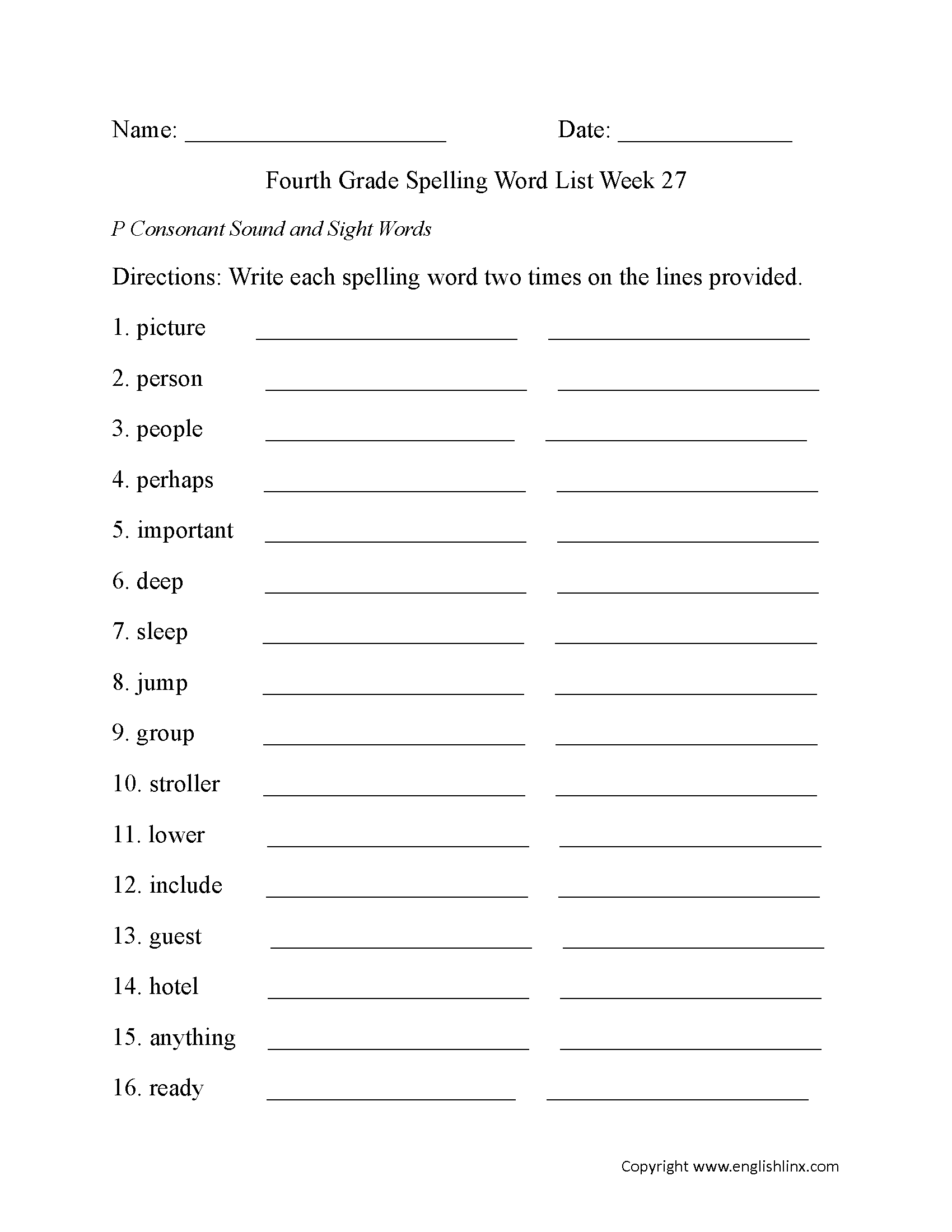 Week 27 P Consonant and Sight Words Fourth Grade Spelling Words Worksheets
