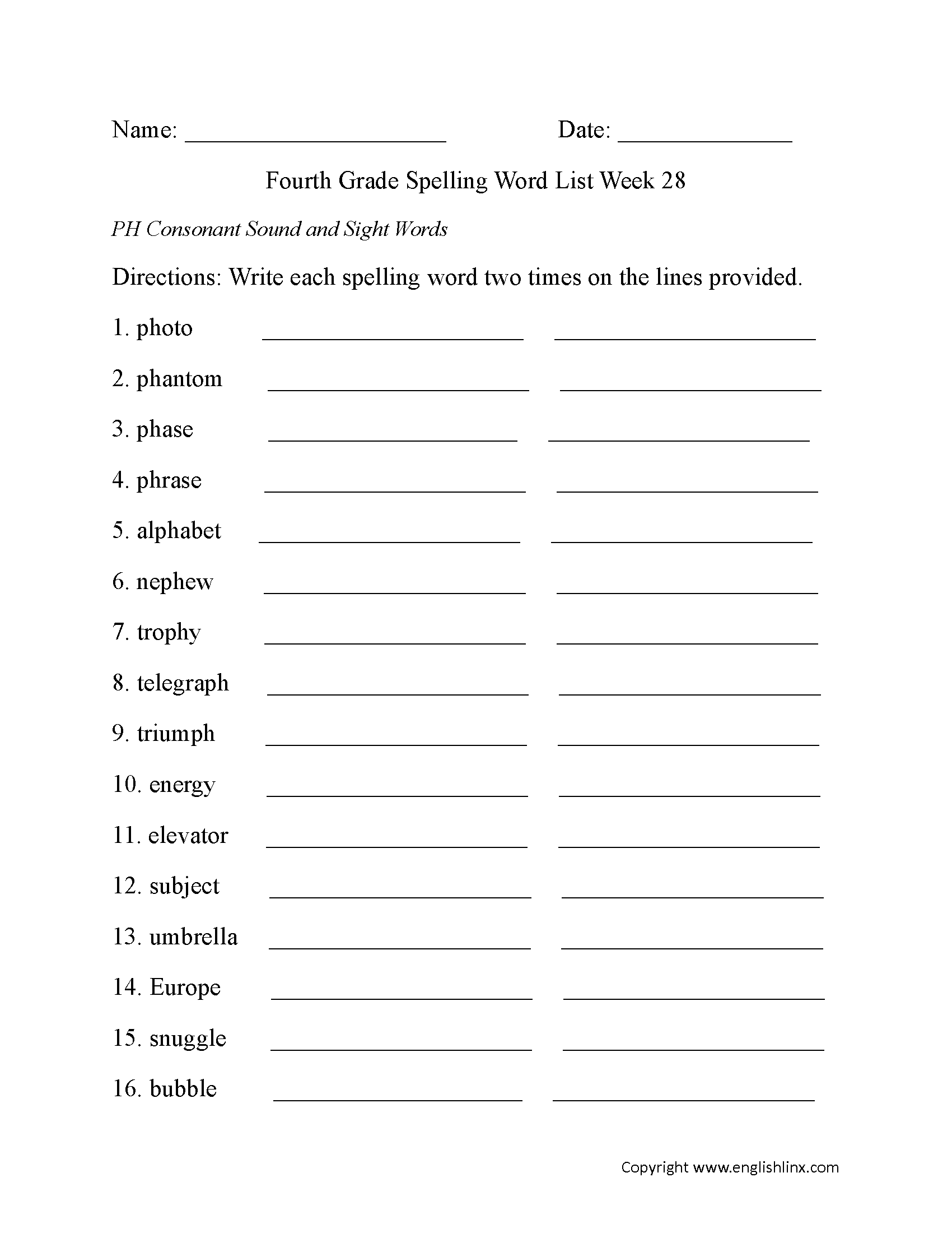 Week 28 PH Consonant and Sight Words Fourth Grade Spelling Words Worksheets