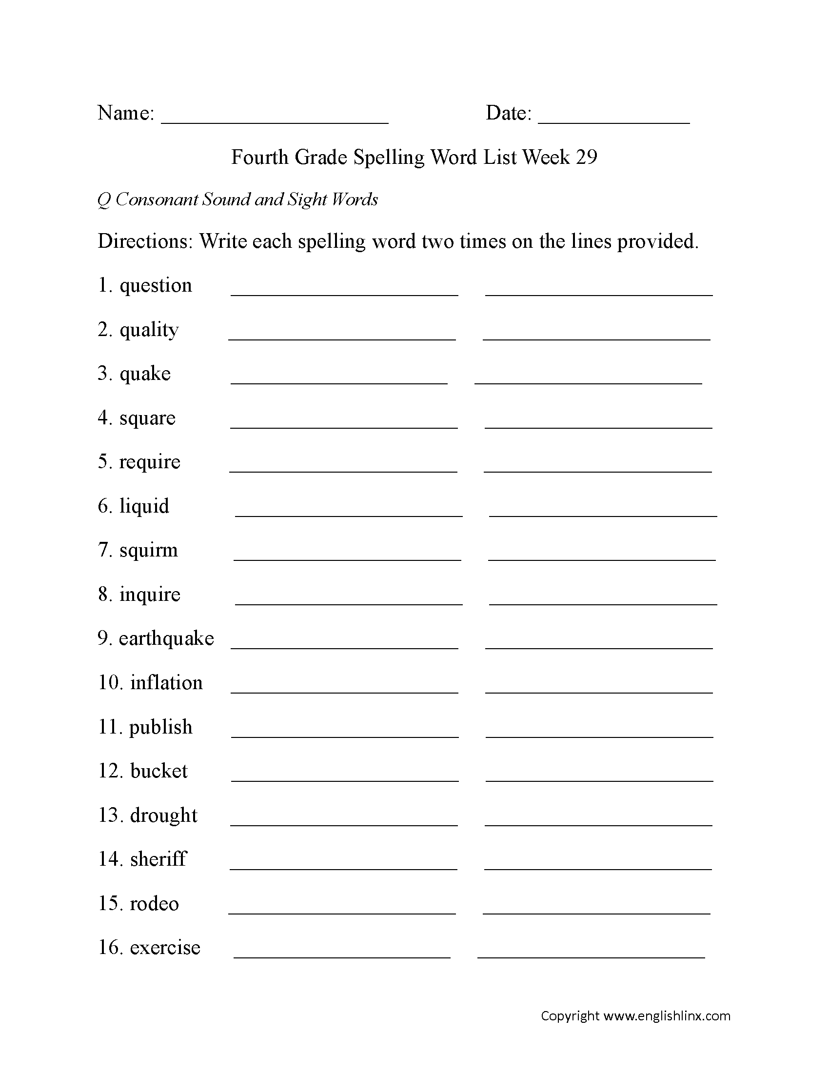 Week 29 Q Consonant and Sight Words Fourth Grade Spelling Words Worksheets