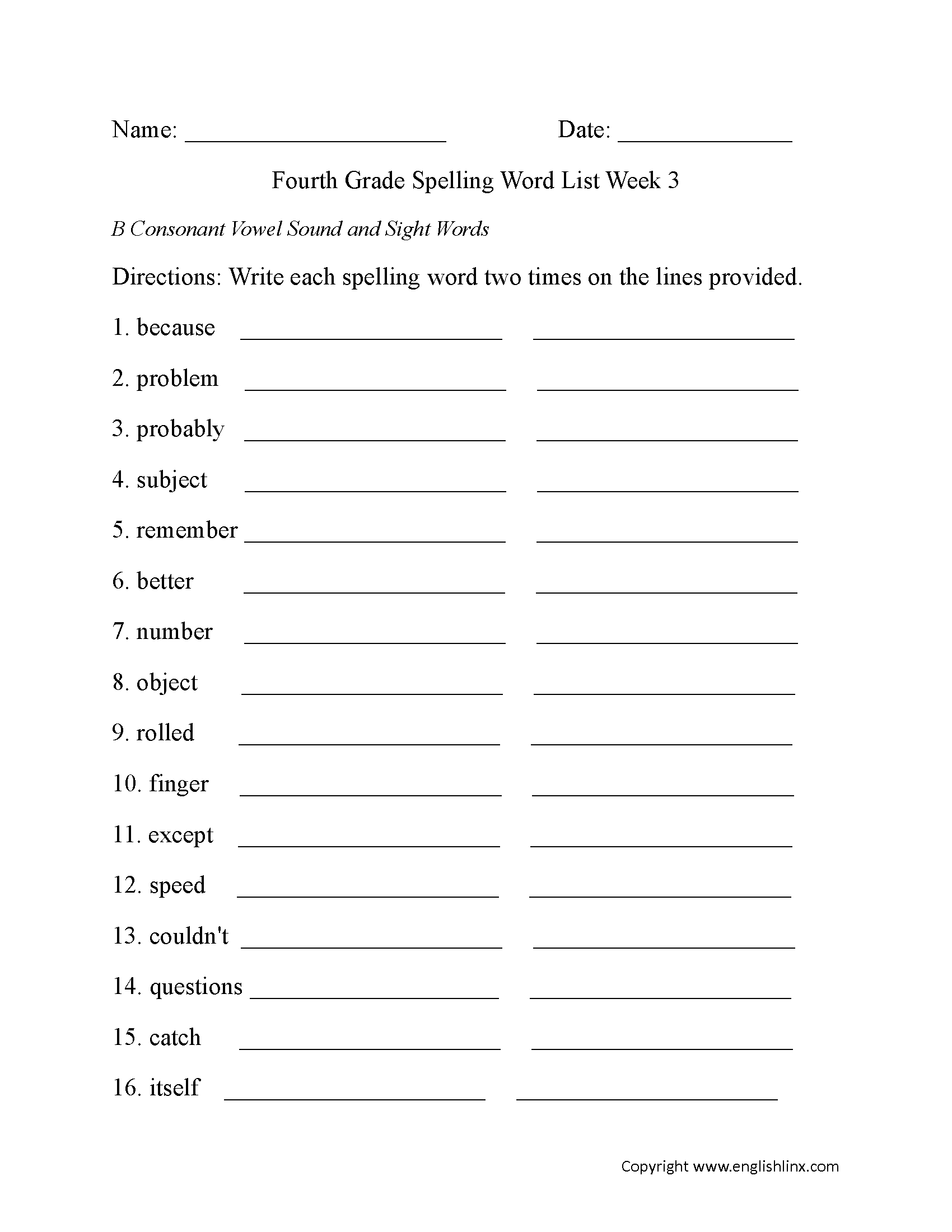 Week 3 B Consonant and Sight Words Fourth Grade Spelling Words Worksheets