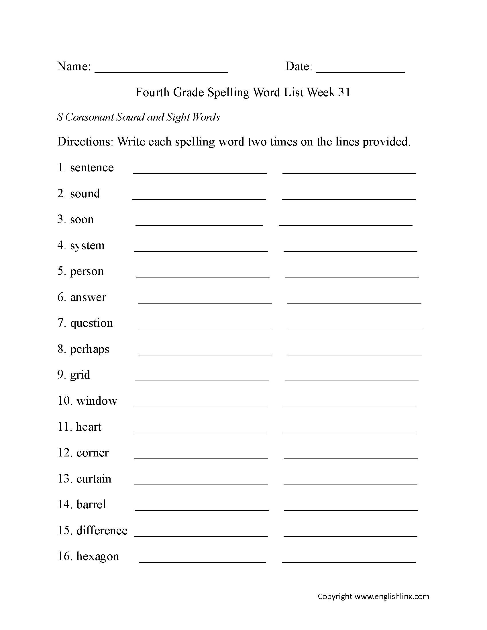Week 31 S Consonant and Sight Words Fourth Grade Spelling Words Worksheets