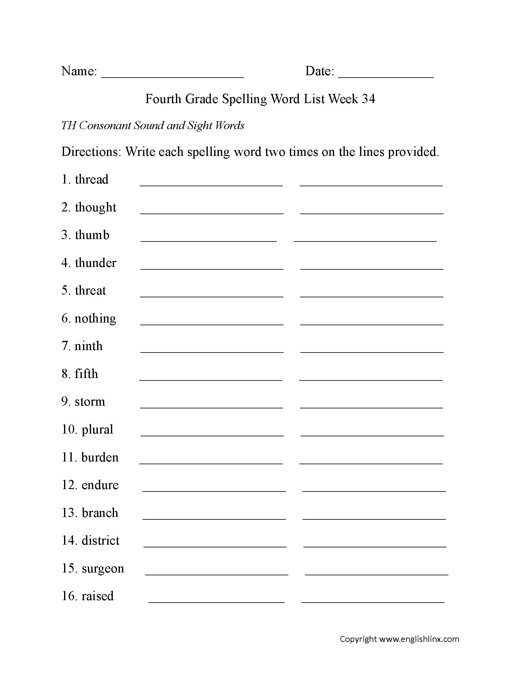 Week 34 TH Consonant and Sight Words Fourth Grade Spelling Words Worksheets