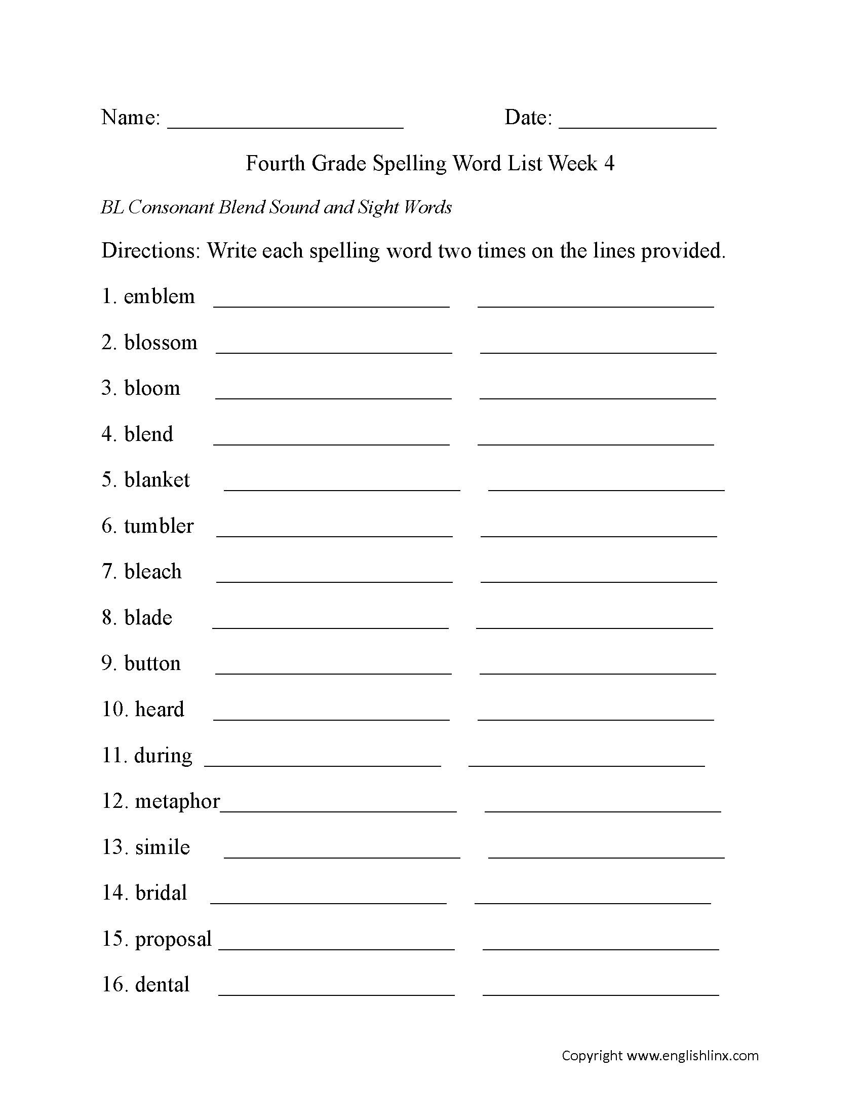 Week 4 BL Consonant and Sight Words Fourth Grade Spelling Words Worksheets