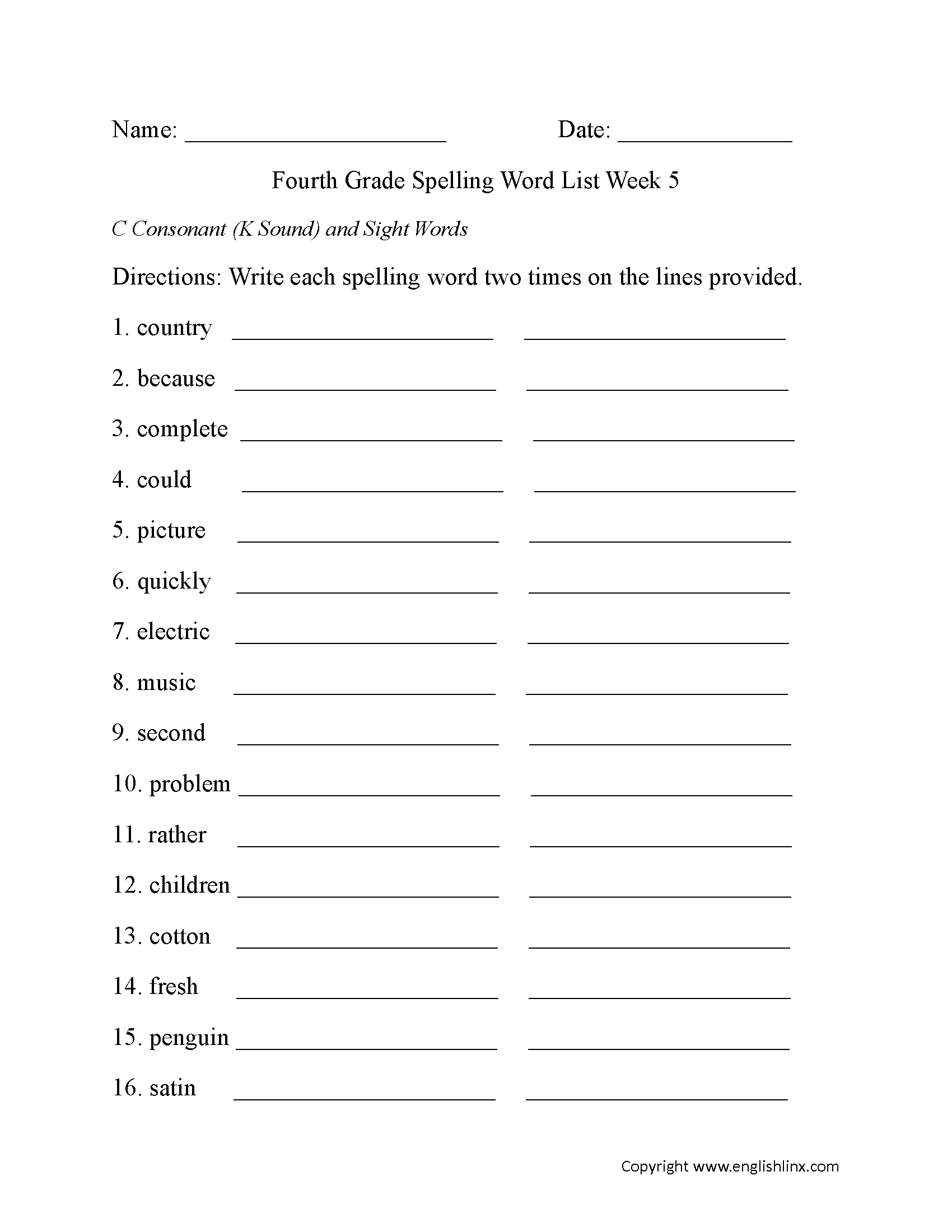 Week 5 C Consonant and Sight Words Fourth Grade Spelling Words Worksheets