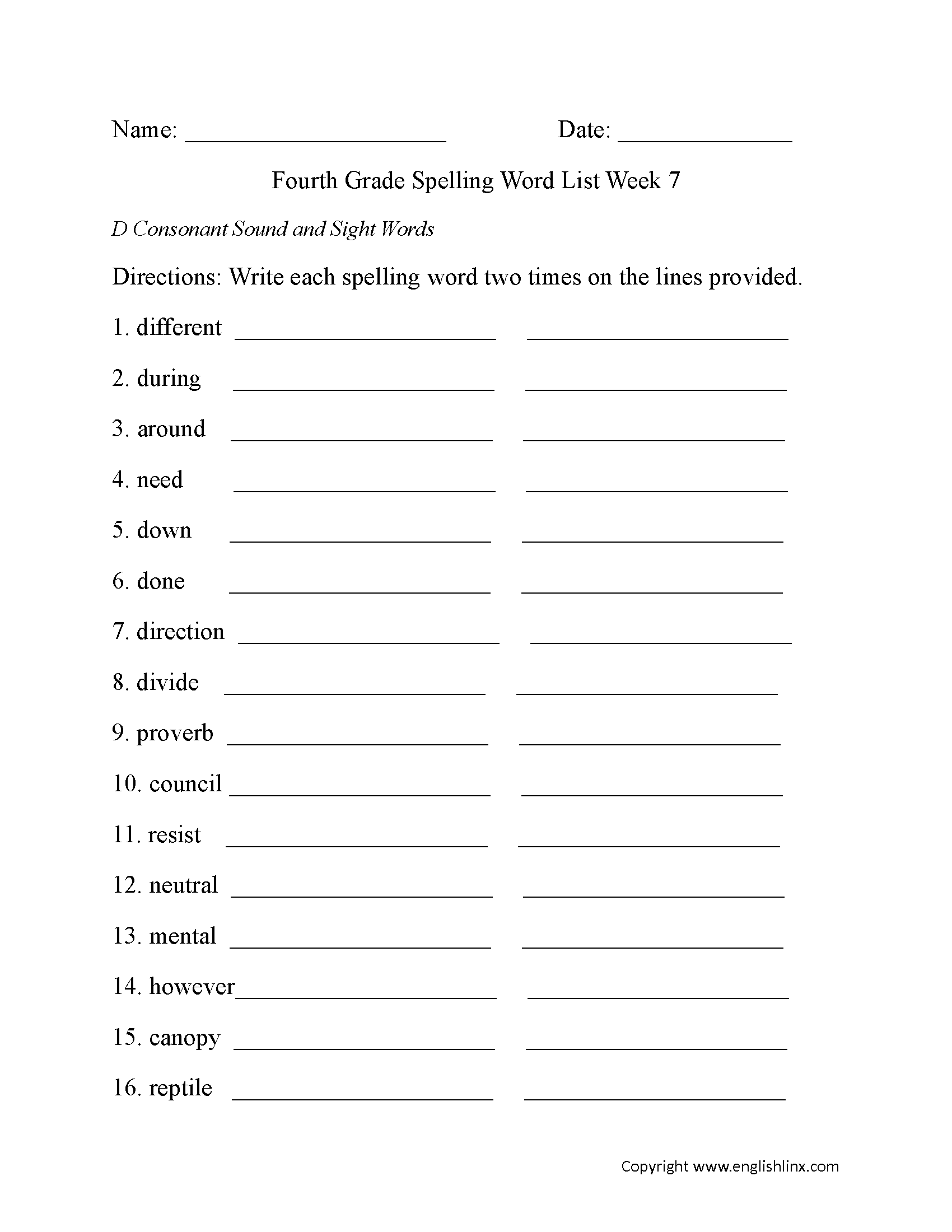Week 7 D Consonant and Sight Words Fourth Grade Spelling Words Worksheets