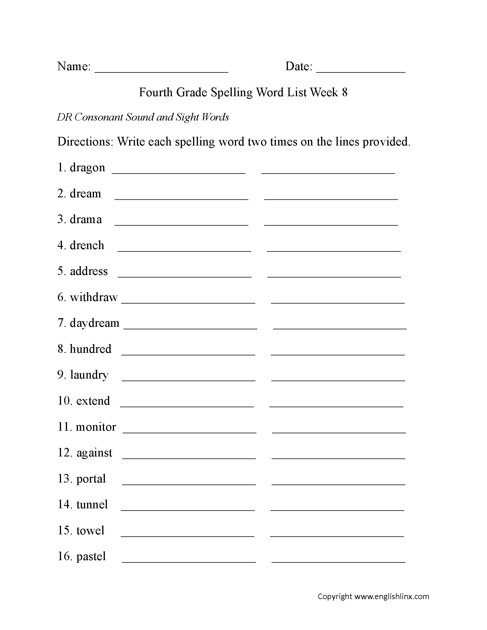 Week 8 DR Consonant and Sight Words Fourth Grade Spelling Words Worksheets