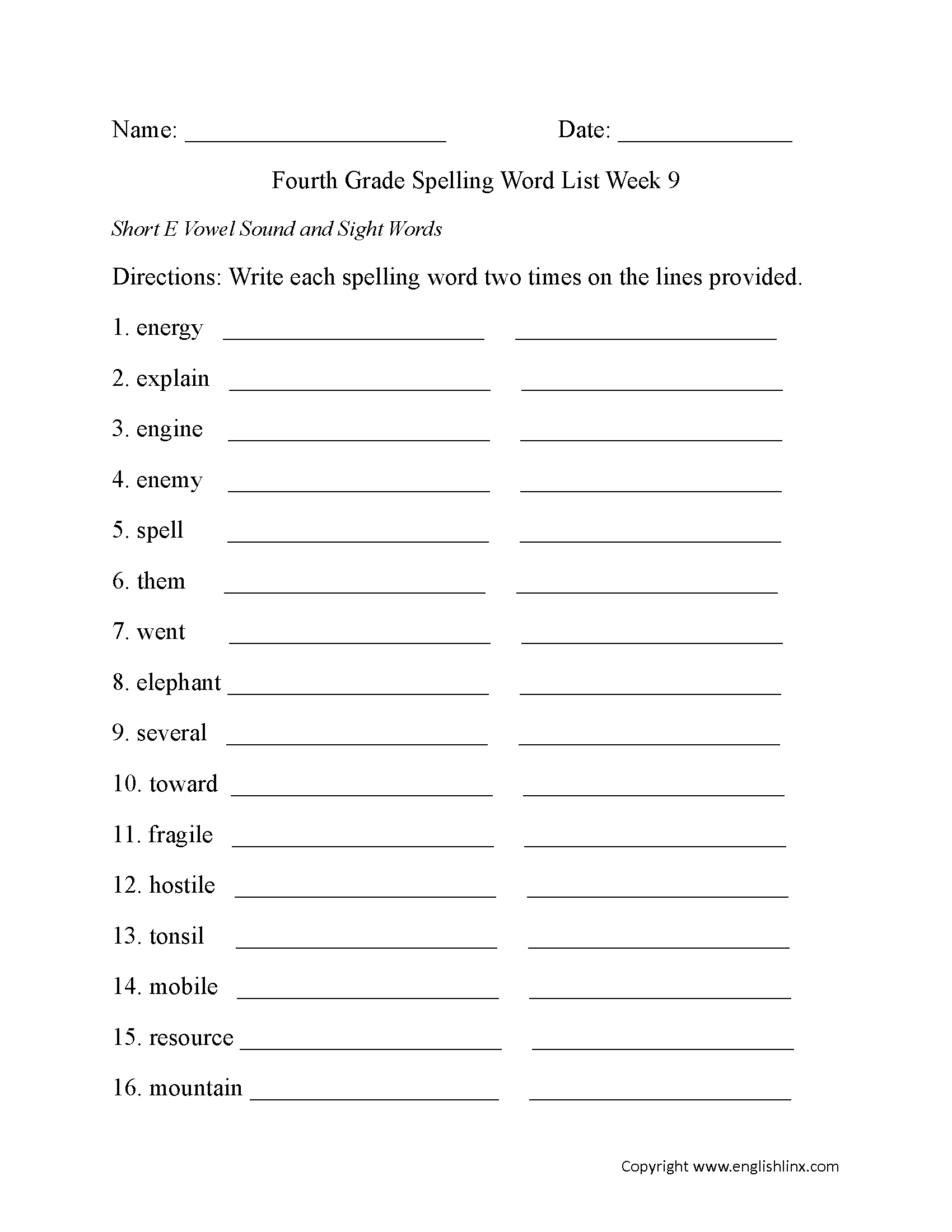Week 9 Short E Vowel and Sight Words Fourth Grade Spelling Words Worksheets