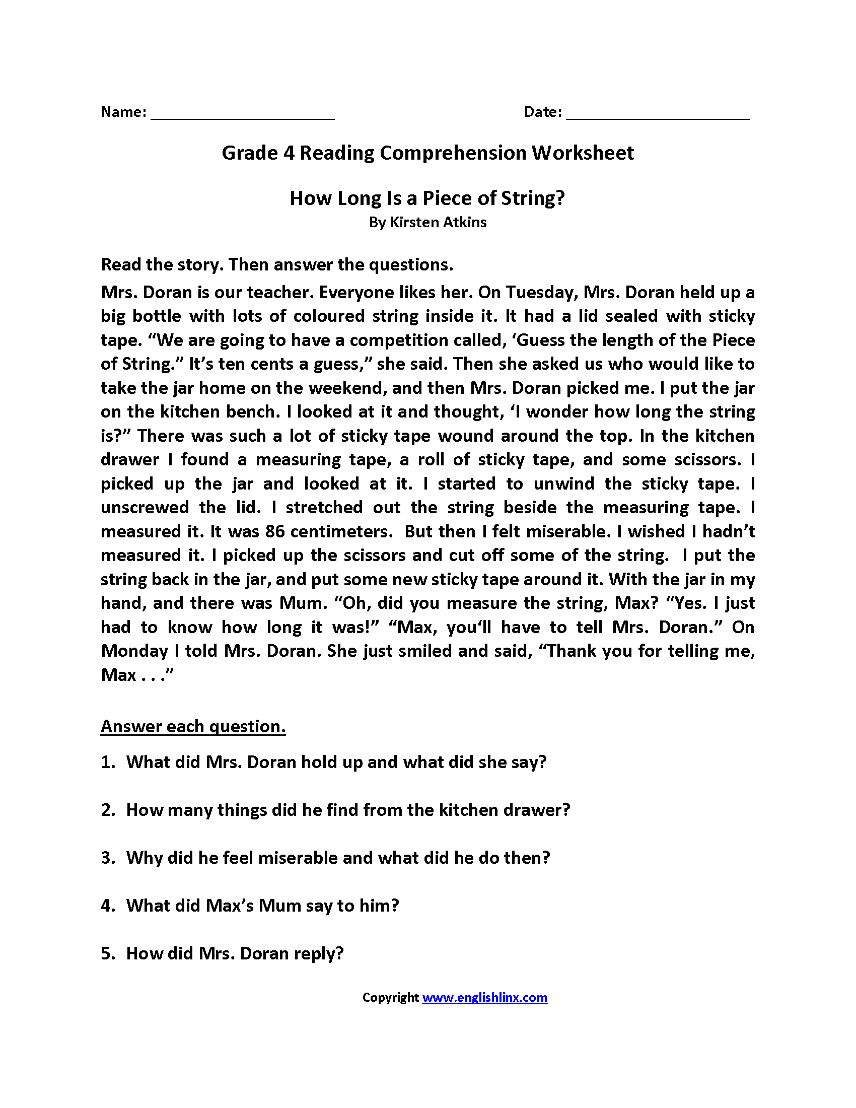 How Long is String? Fourth Grade Reading Worksheets