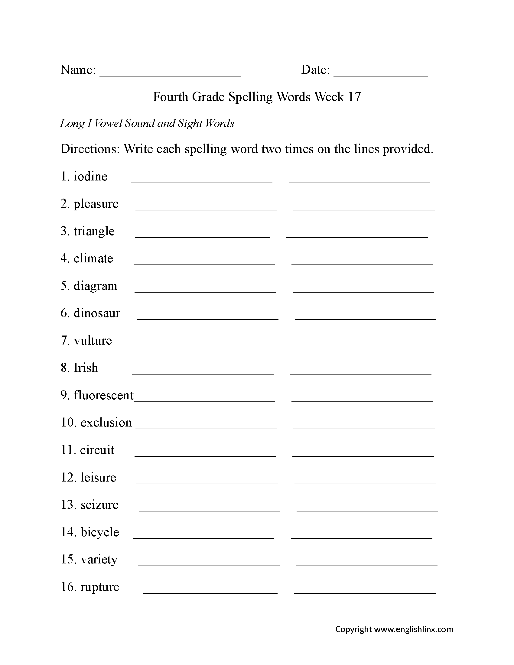 Week 17 Long I Vowel Fourth Grade Spelling Worksheets