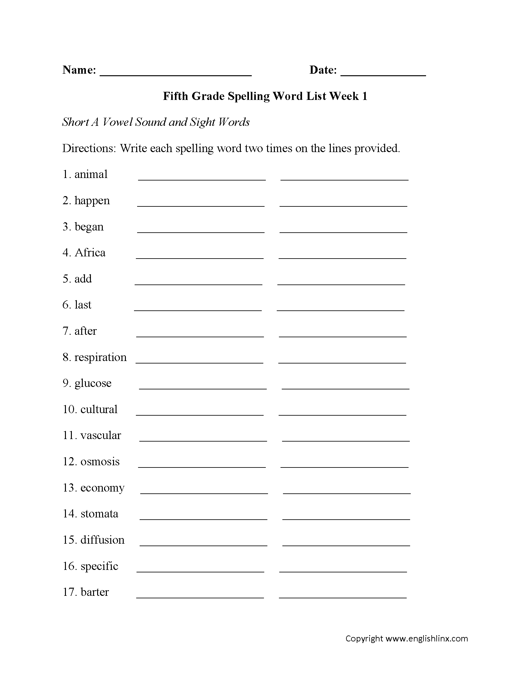 Week 1 Short A Vowel and Sight Words Fifth Grade Spelling Words Worksheets