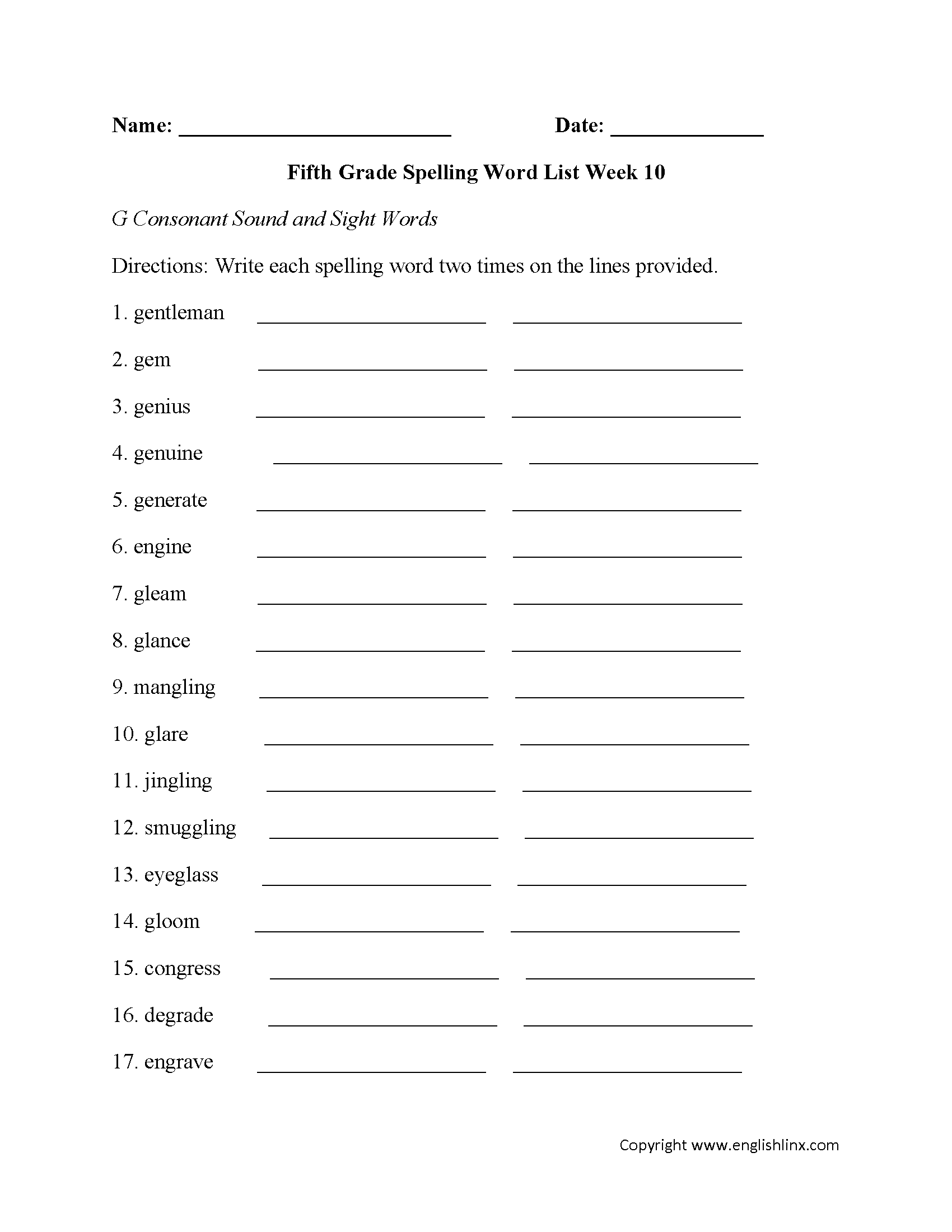 Week 10 G Consonant and Sight Words Fifth Grade Spelling Words Worksheets