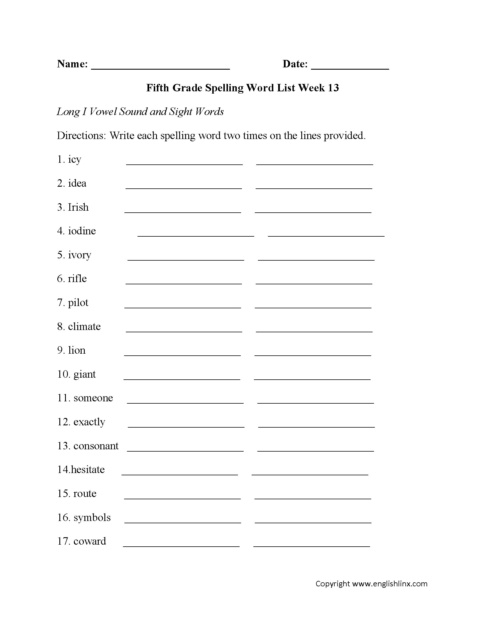 Week 13 Long I Vowel and Sight Words Fifth Grade Spelling Words Worksheets