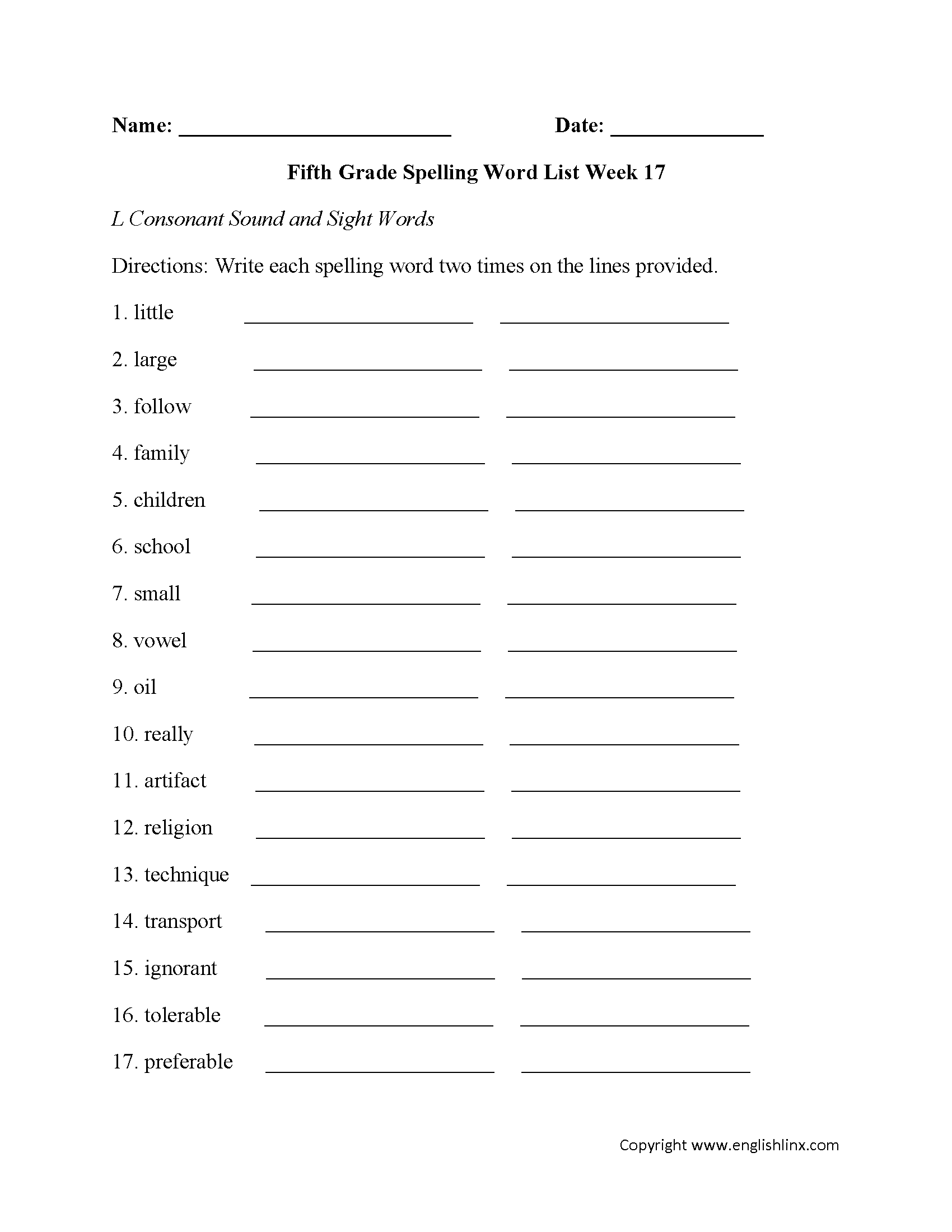 Week 17 L Consonant and Sight Words Fifth Grade Spelling Words Worksheets