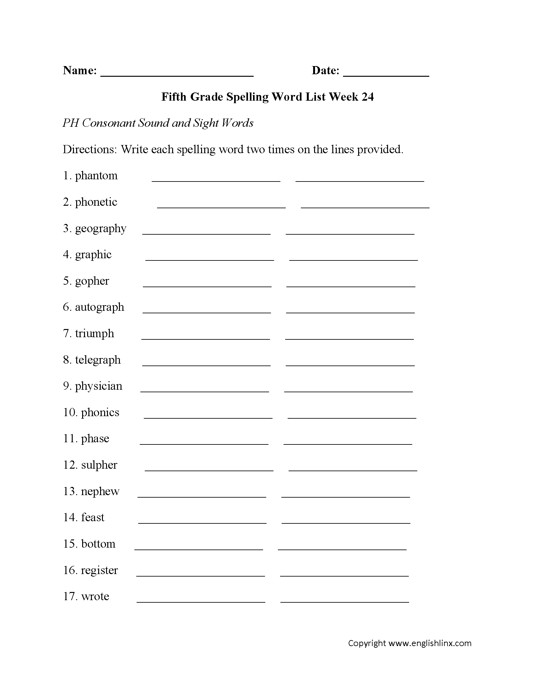 Week 24 PH Consonant and Sight Words Fifth Grade Spelling Words Worksheets