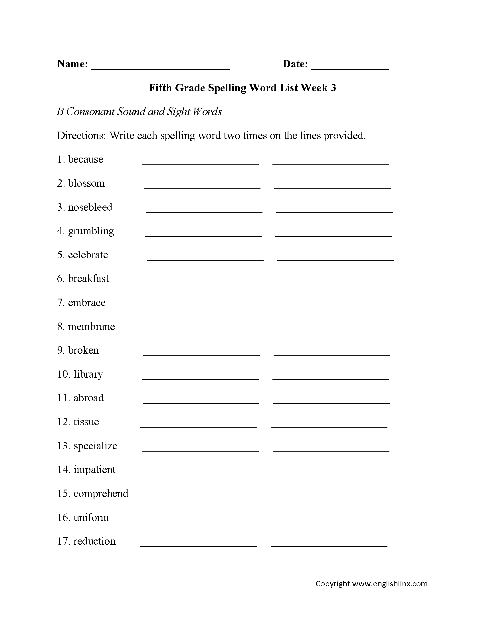 Week 3 B Consonant and Sight Words Fifth Grade Spelling Words Worksheets
