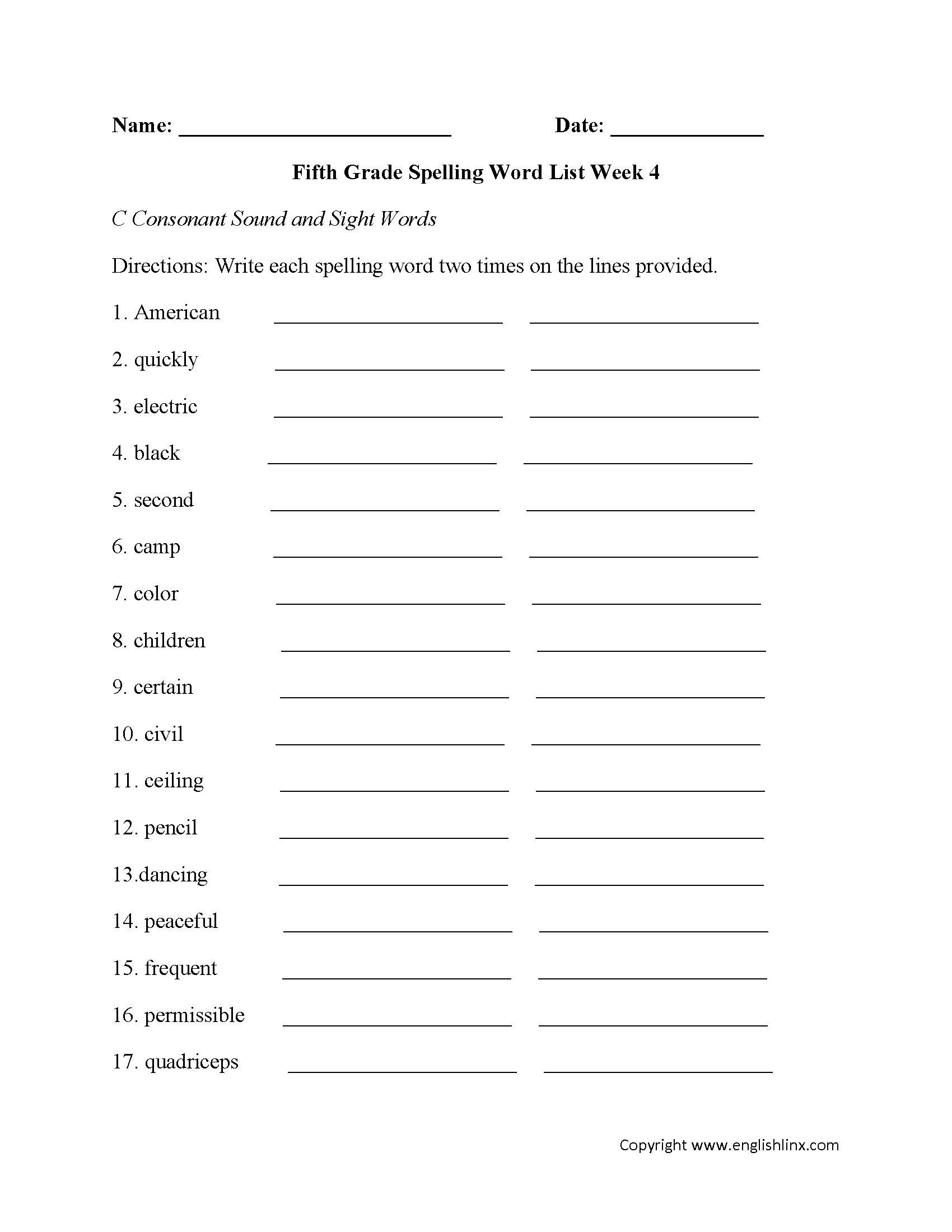 Week 4 C Consonant and Sight Words Fifth Grade Spelling Words Worksheets
