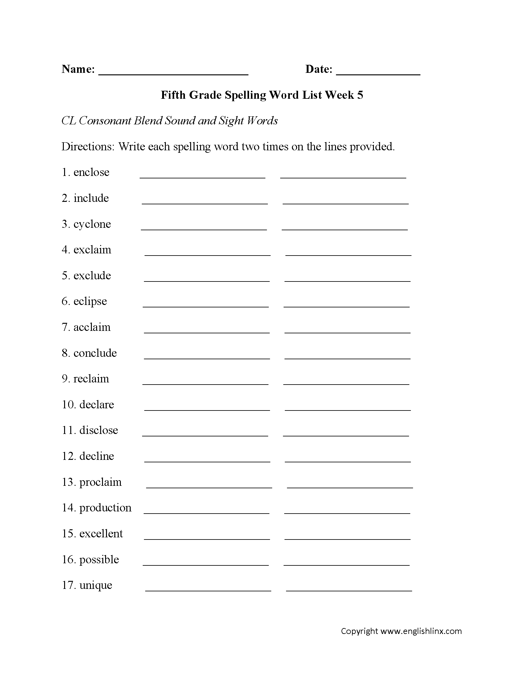 Week 5 CL Consonant Blend and Sight Words Fifth Grade Spelling Words Worksheets