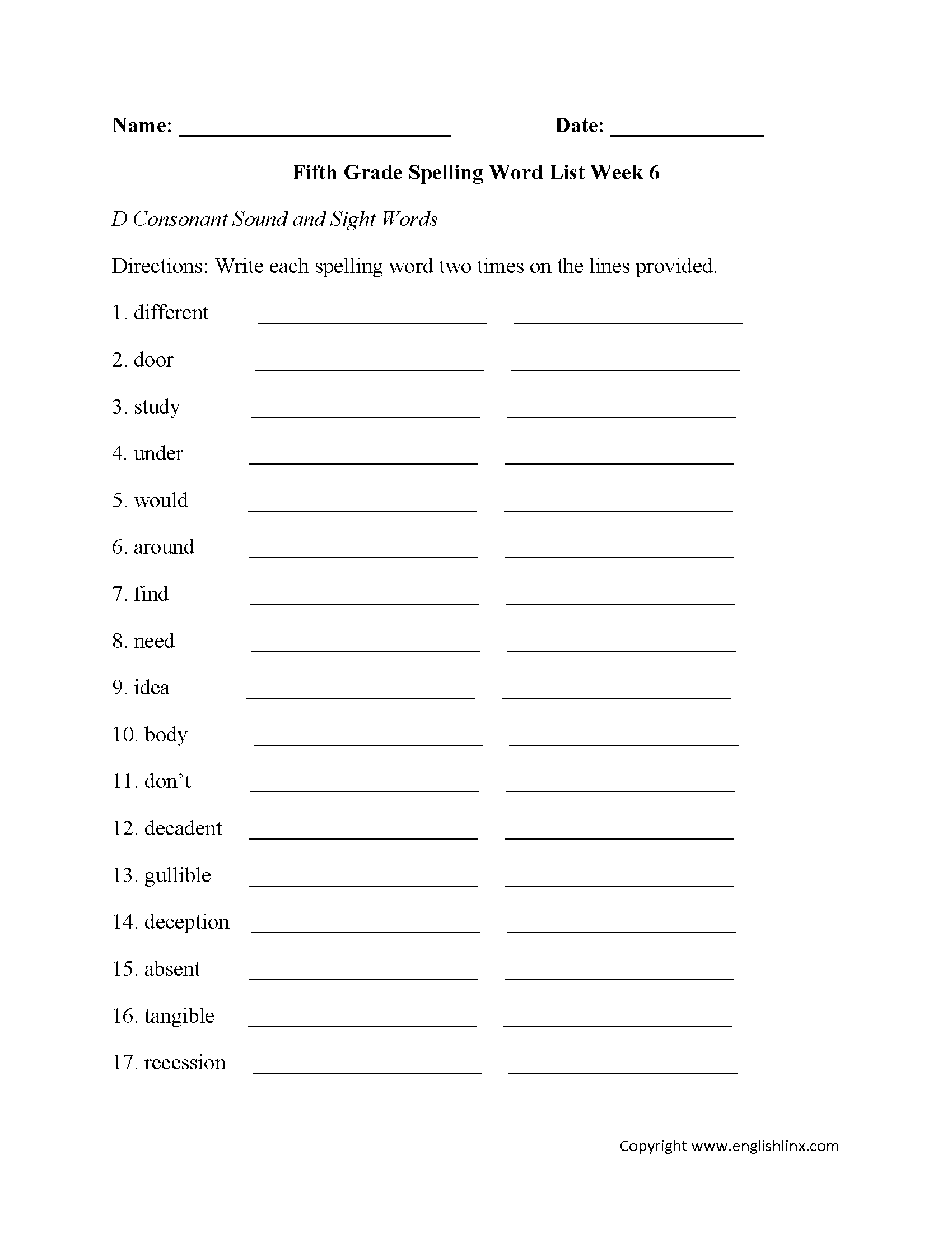 Week 6 D Consonant and Sight Words Fifth Grade Spelling Words Worksheets